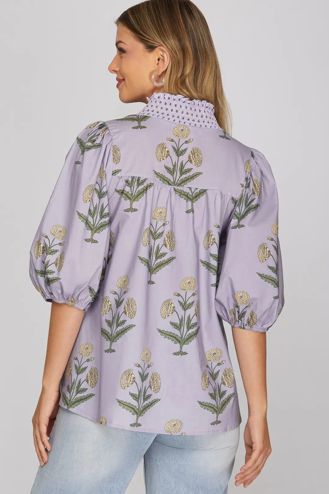Lilac Print Smock Neck Top