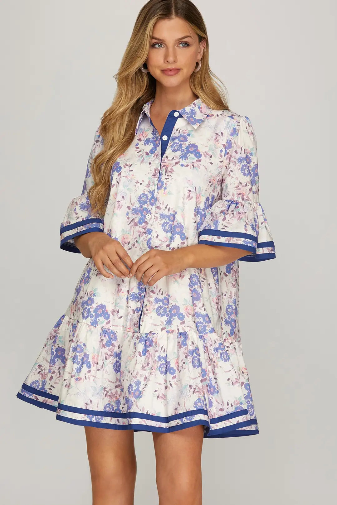 Blue and Lilac Floral Print Midi Dress