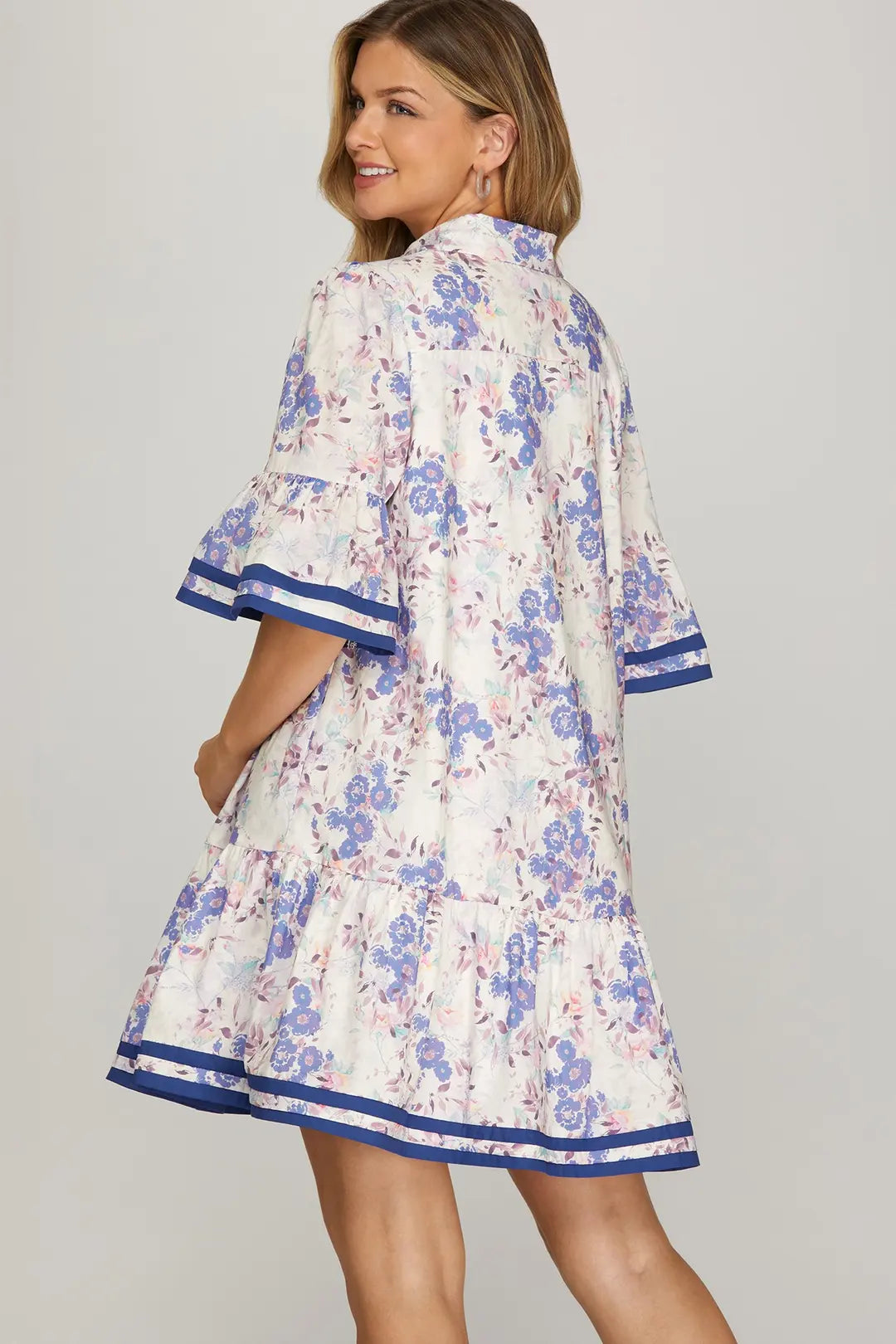 Blue and Lilac Floral Print Midi Dress