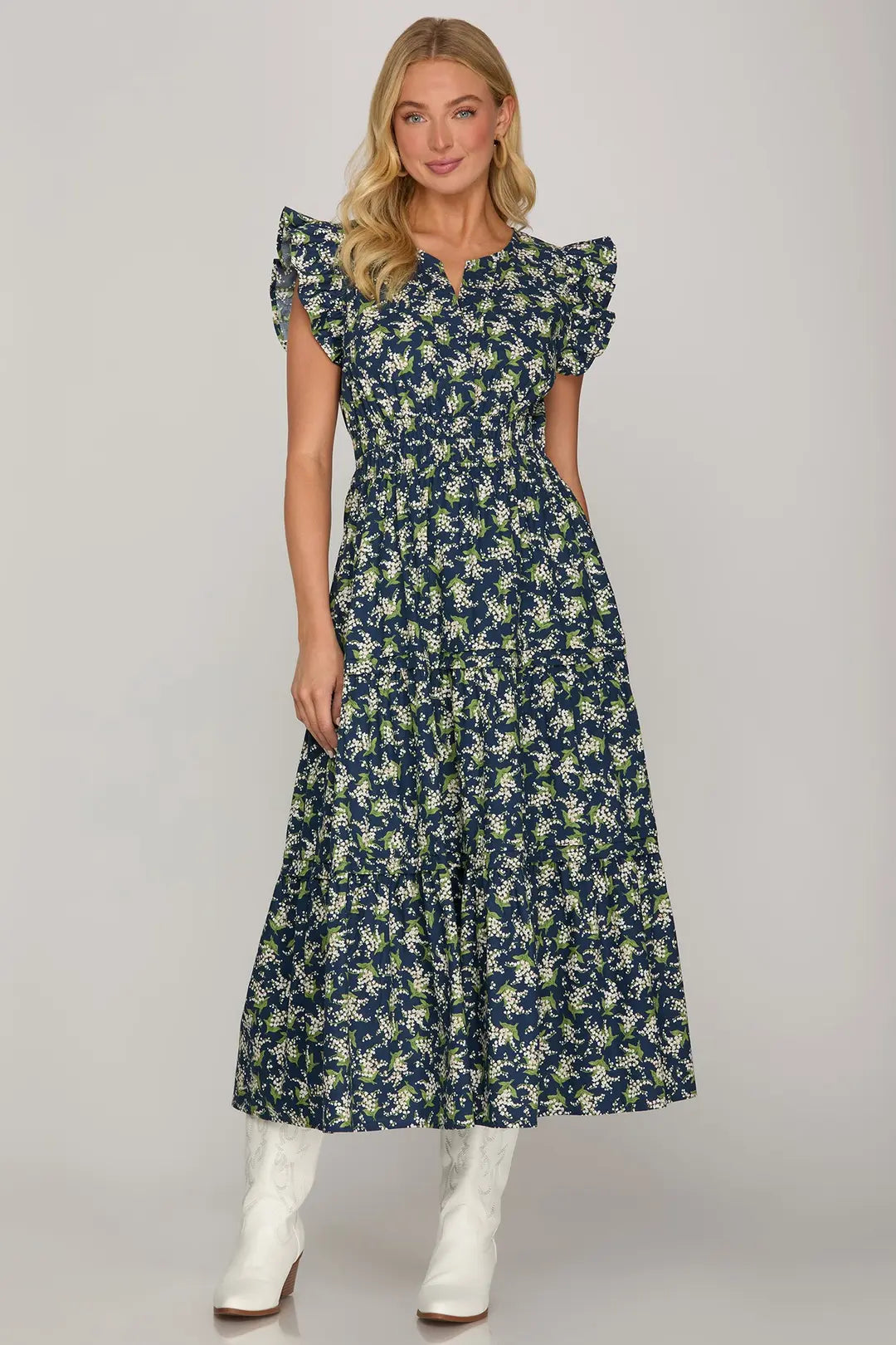 Navy Floral Print Midi Dress