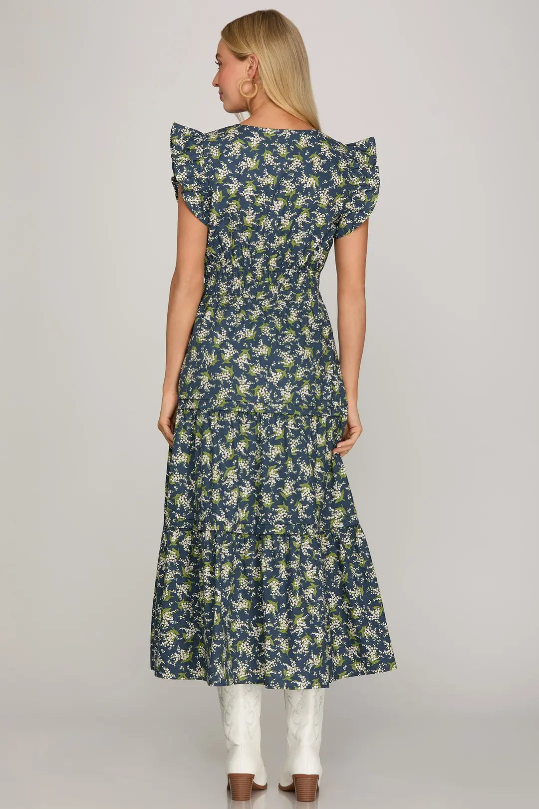 Navy Floral Print Midi Dress