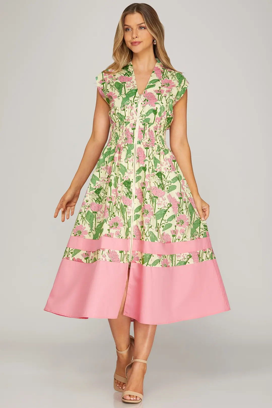 Pink Floral Bold Hem Midi Dress
