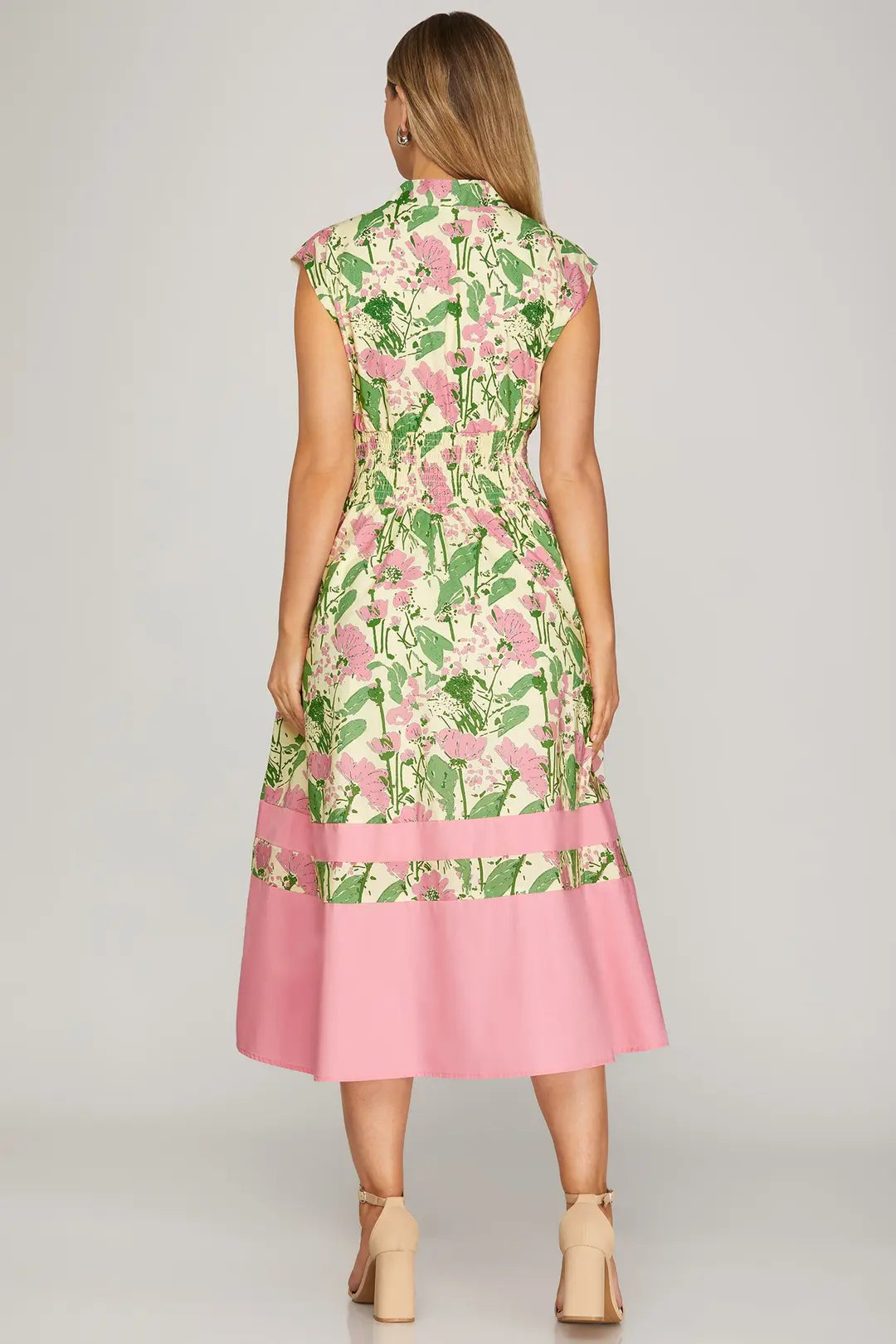 Pink Floral Bold Hem Midi Dress
