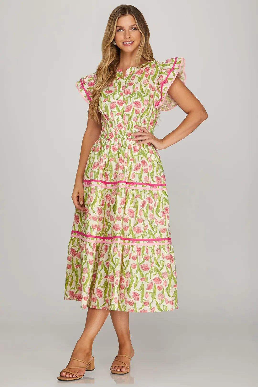 Pink Floral Print Midi Dress