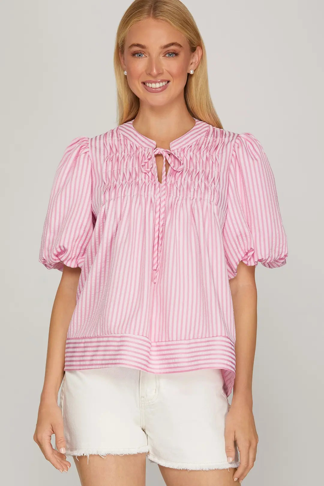 Pink Stripe Pin Tuck Detail Top