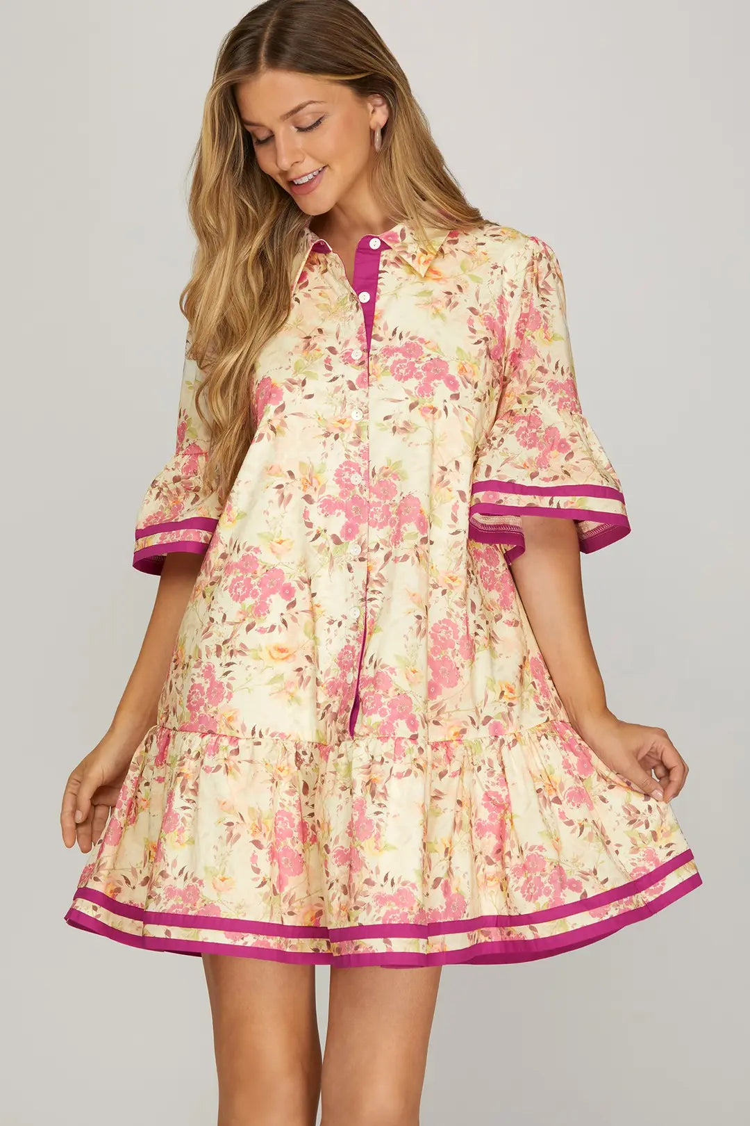 Rose and Fuchsia Floral Print Mini Dress