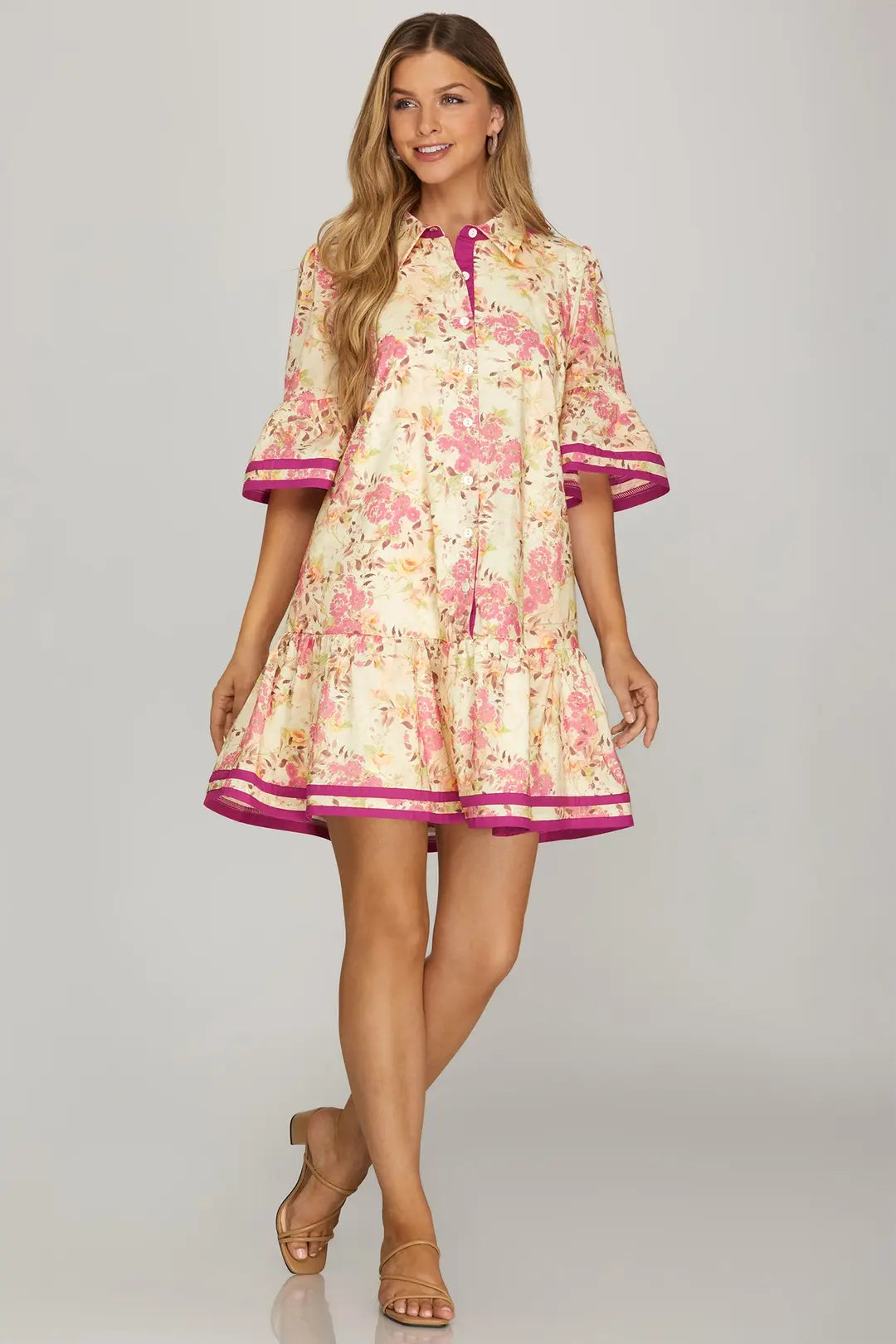 Rose and Fuchsia Floral Print Mini Dress
