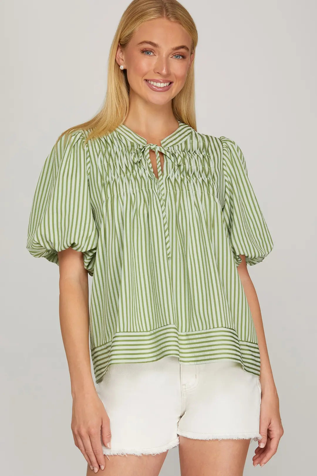 Sage Stripe Pin Tuck Detail Top