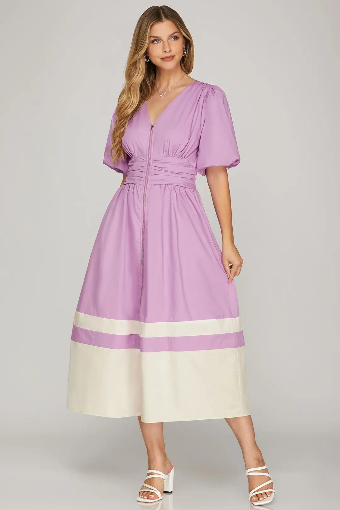 Zip Front Color Block Midi Dress In Violet Pink