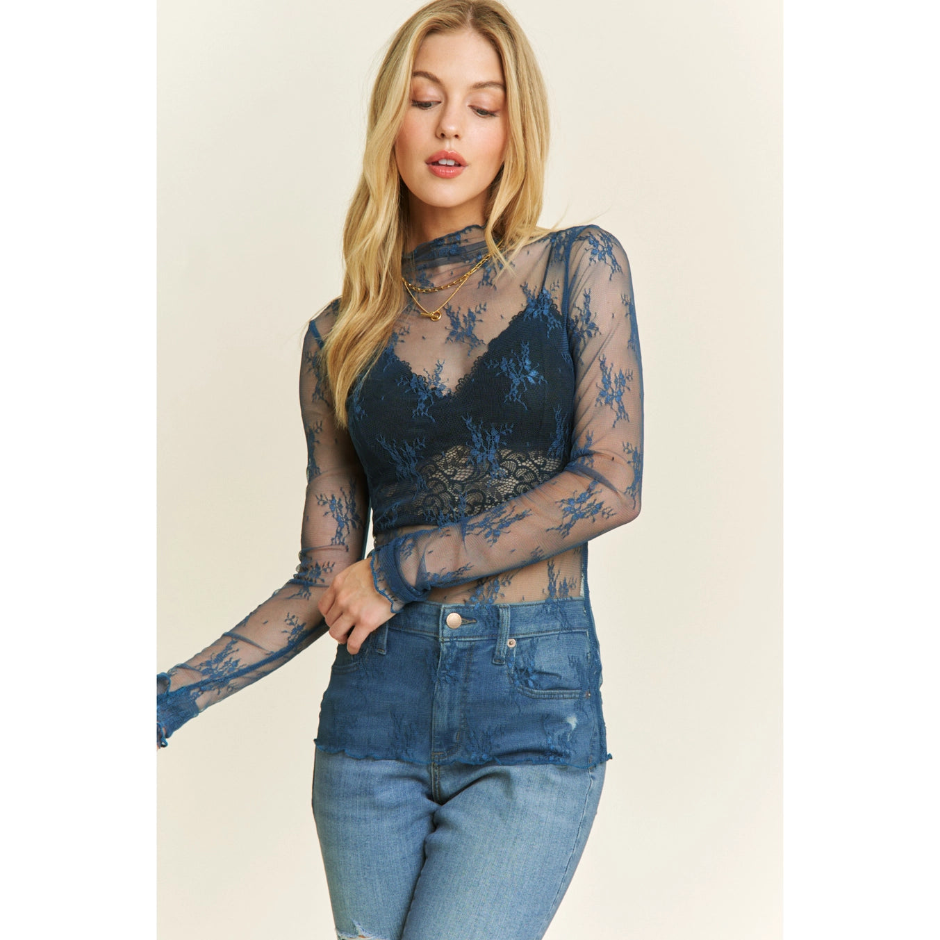 Lace High Neck Long Sleeve Fitted Top