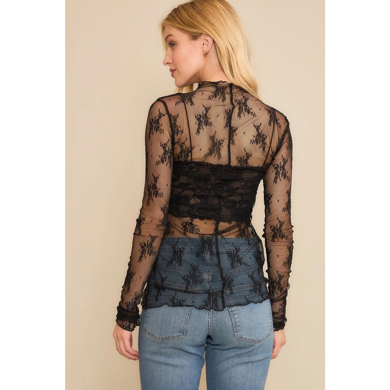 Lace High Neck Long Sleeve Fitted Top