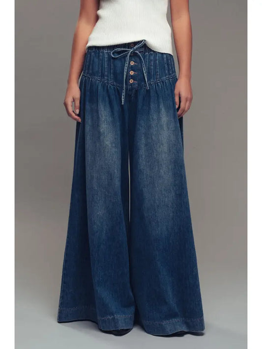 Pleated, Wide-Leg, Dark Denim Pant