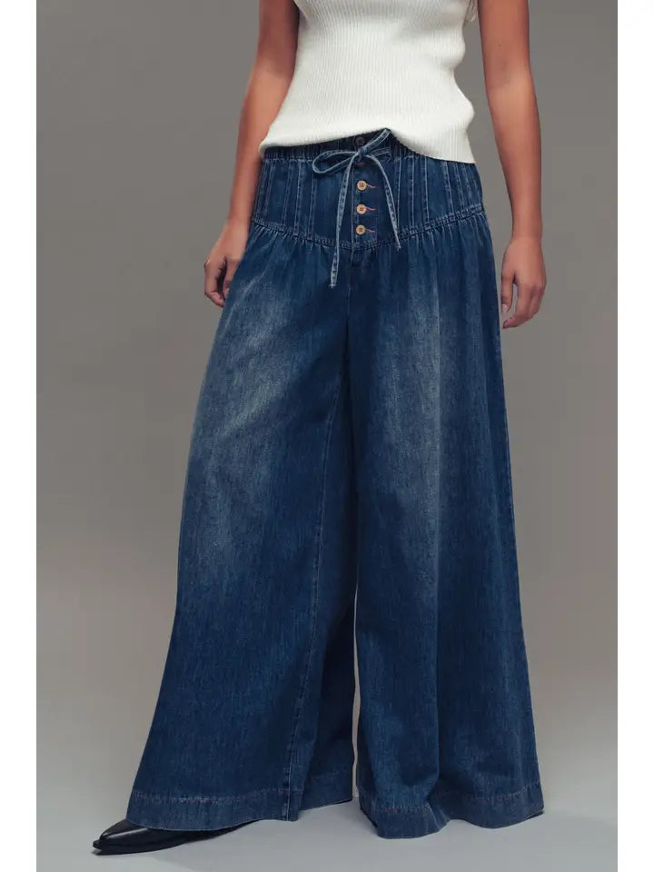 Pleated, Wide-Leg, Dark Denim Pant