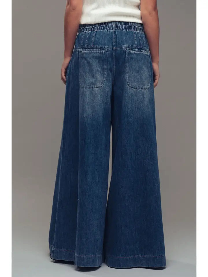 Pleated, Wide-Leg, Dark Denim Pant
