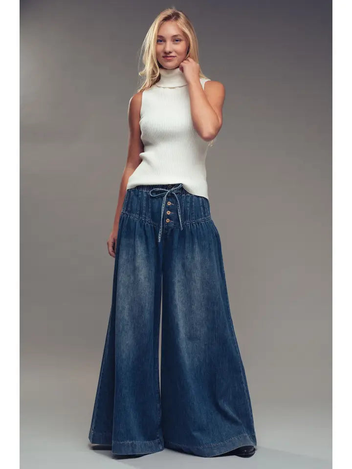 Pleated, Wide-Leg, Dark Denim Pant