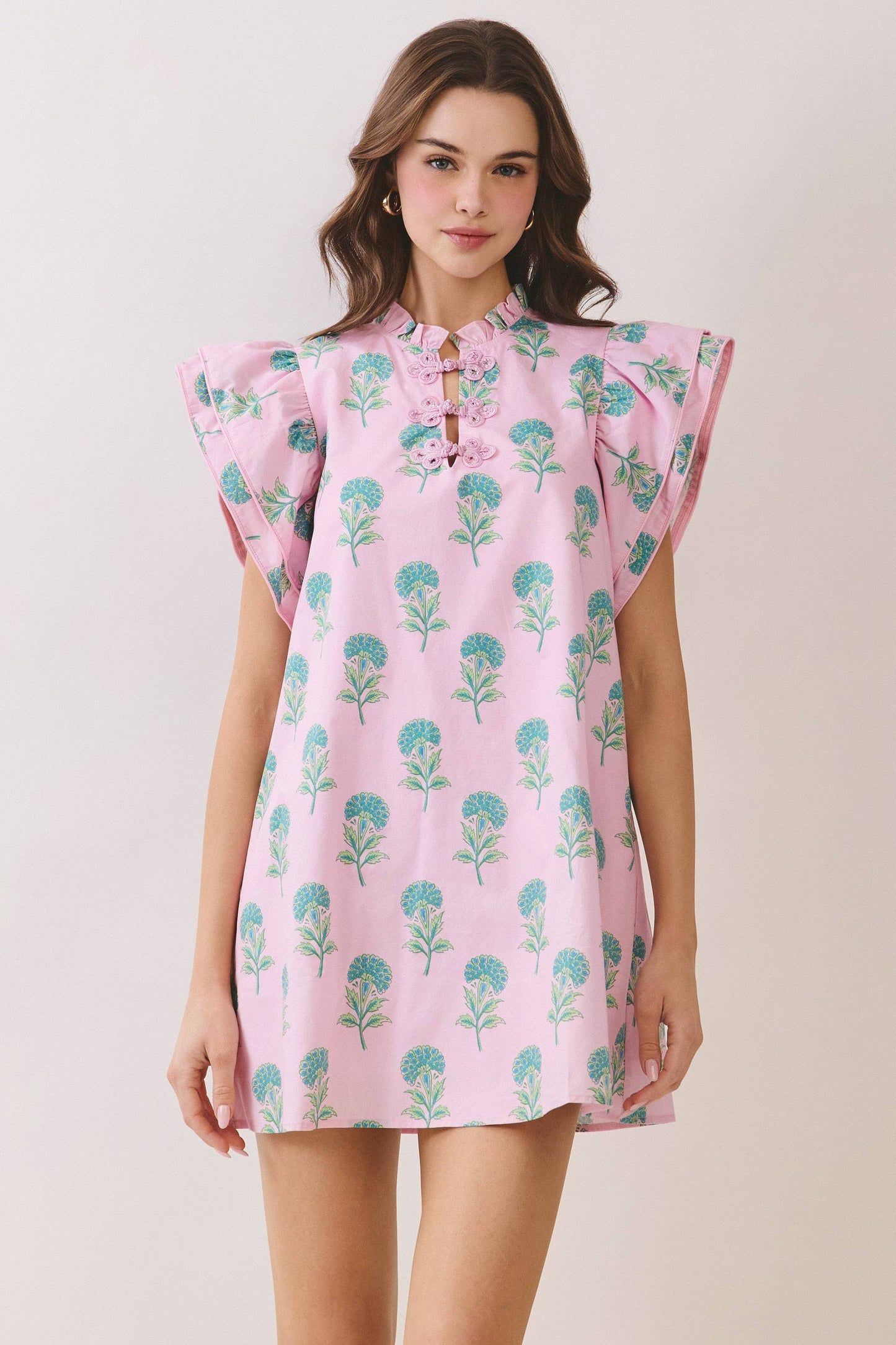 Floral  Ruffle Neck Frog Button  Mini Dress in Pink