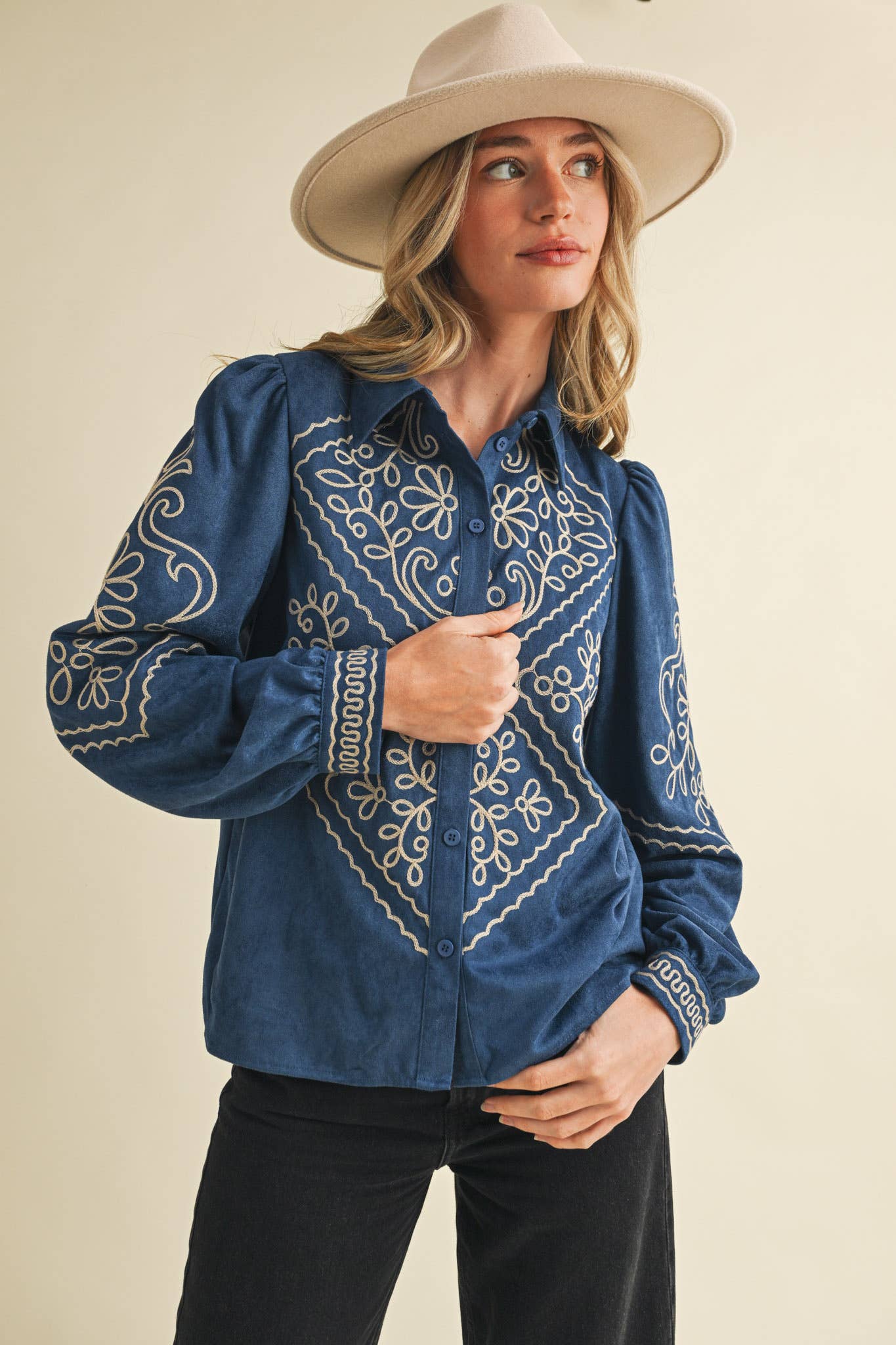 Suede Embroidered Button Up Top in Blue