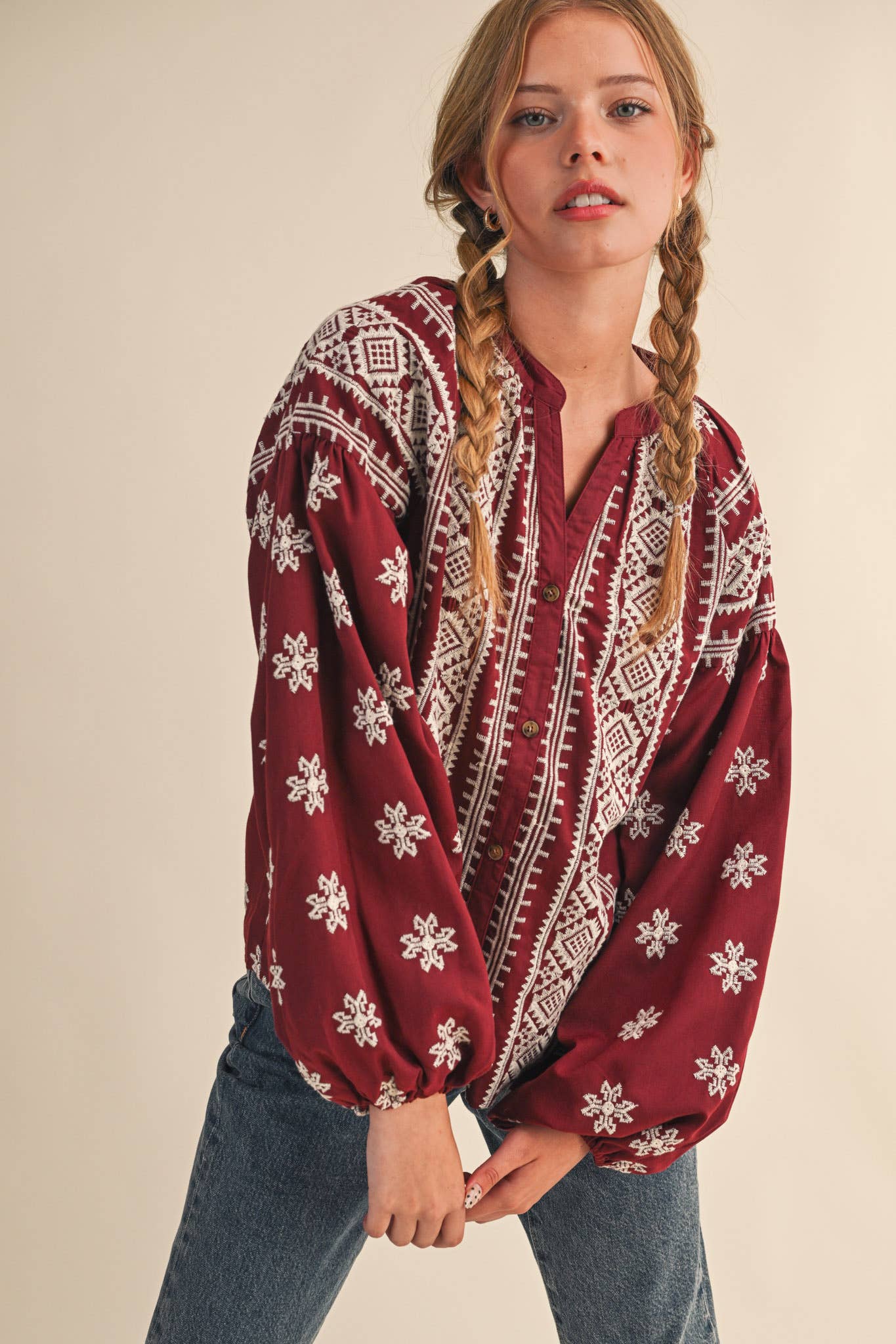 Embroidered Bubble Sleeve Top