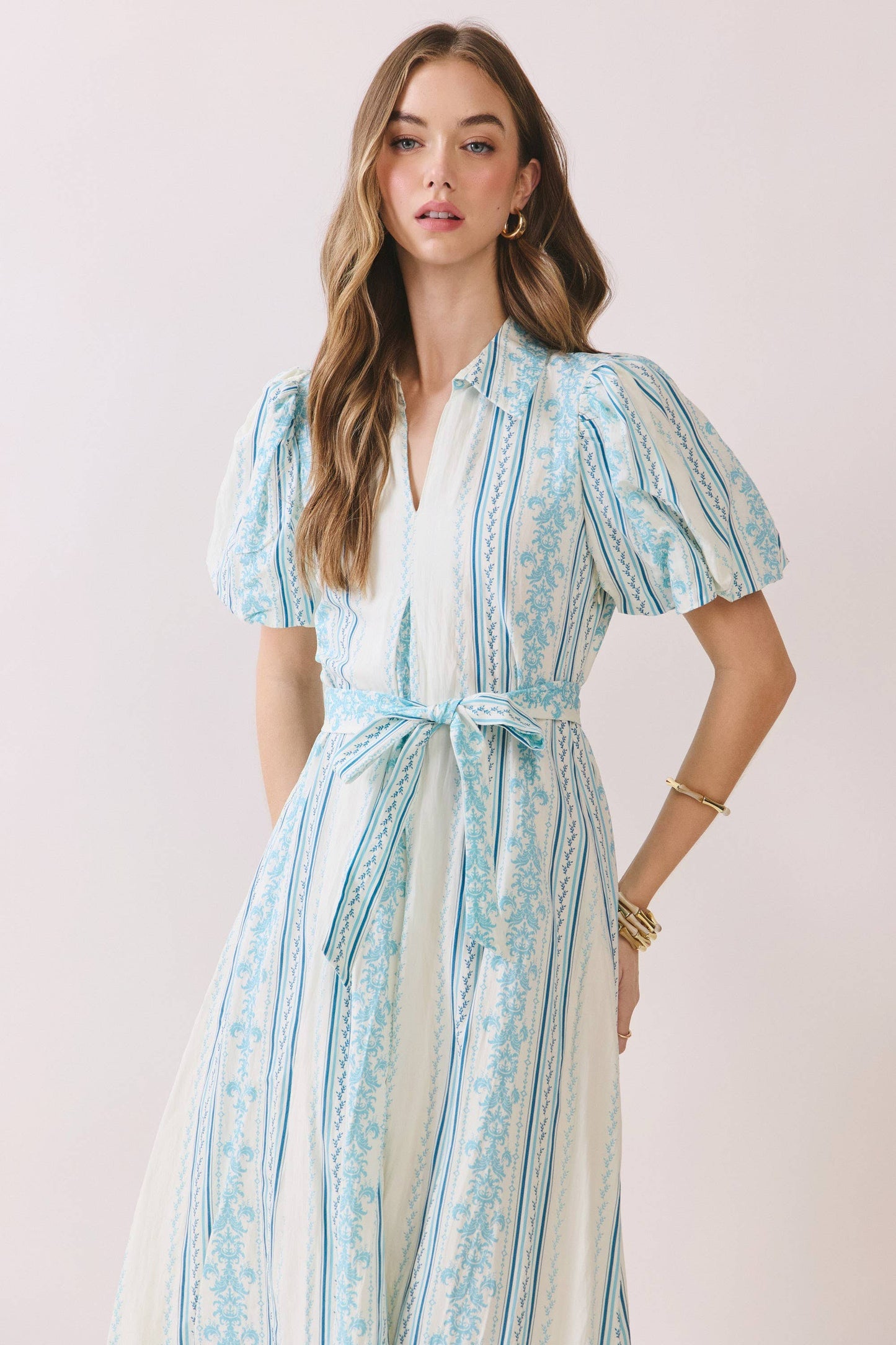 Striped Puff Sleeve Tie Waist Midi Dress in Blue and White