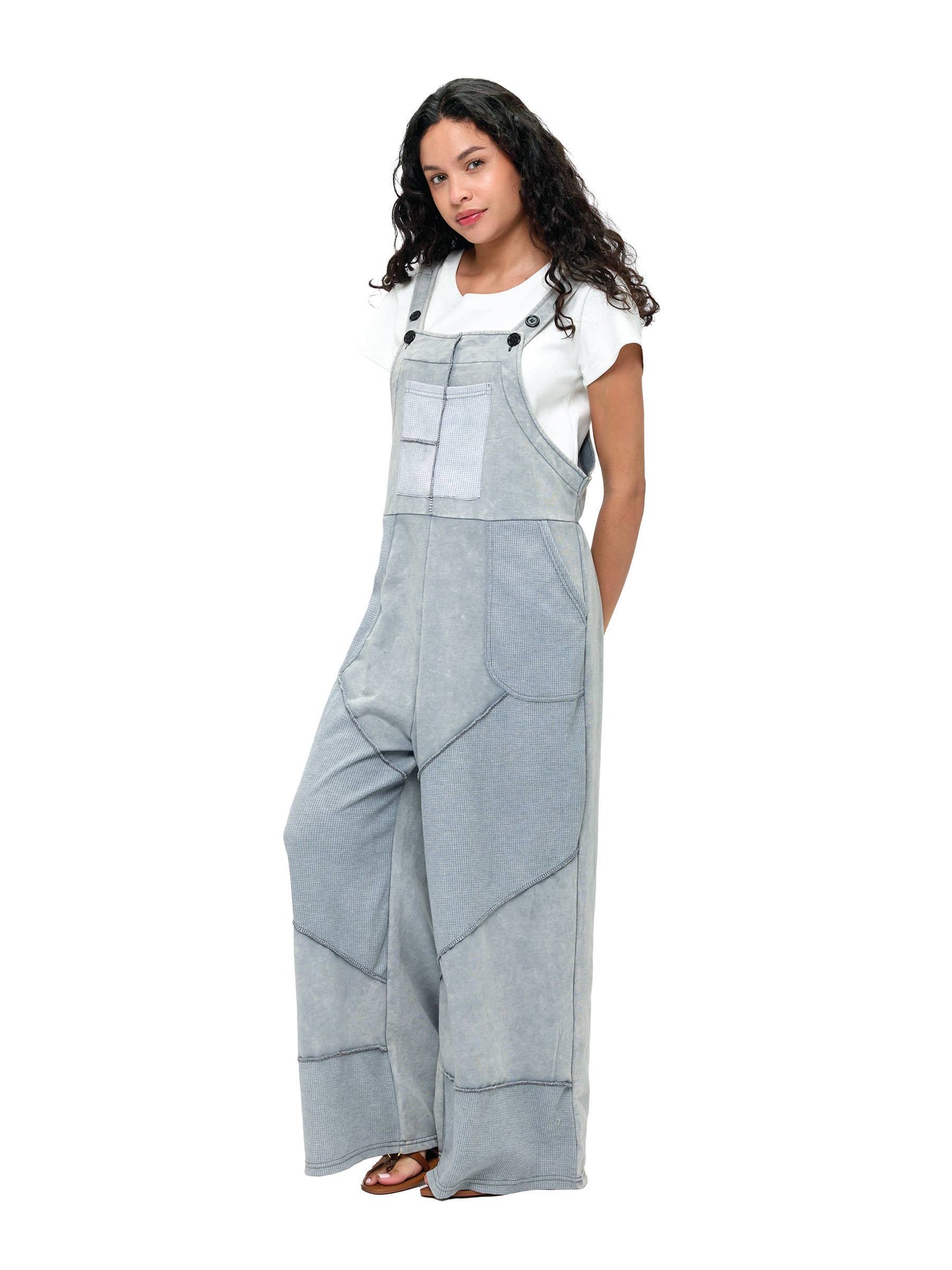 Patchwork Waffle Knit Overalls Gray