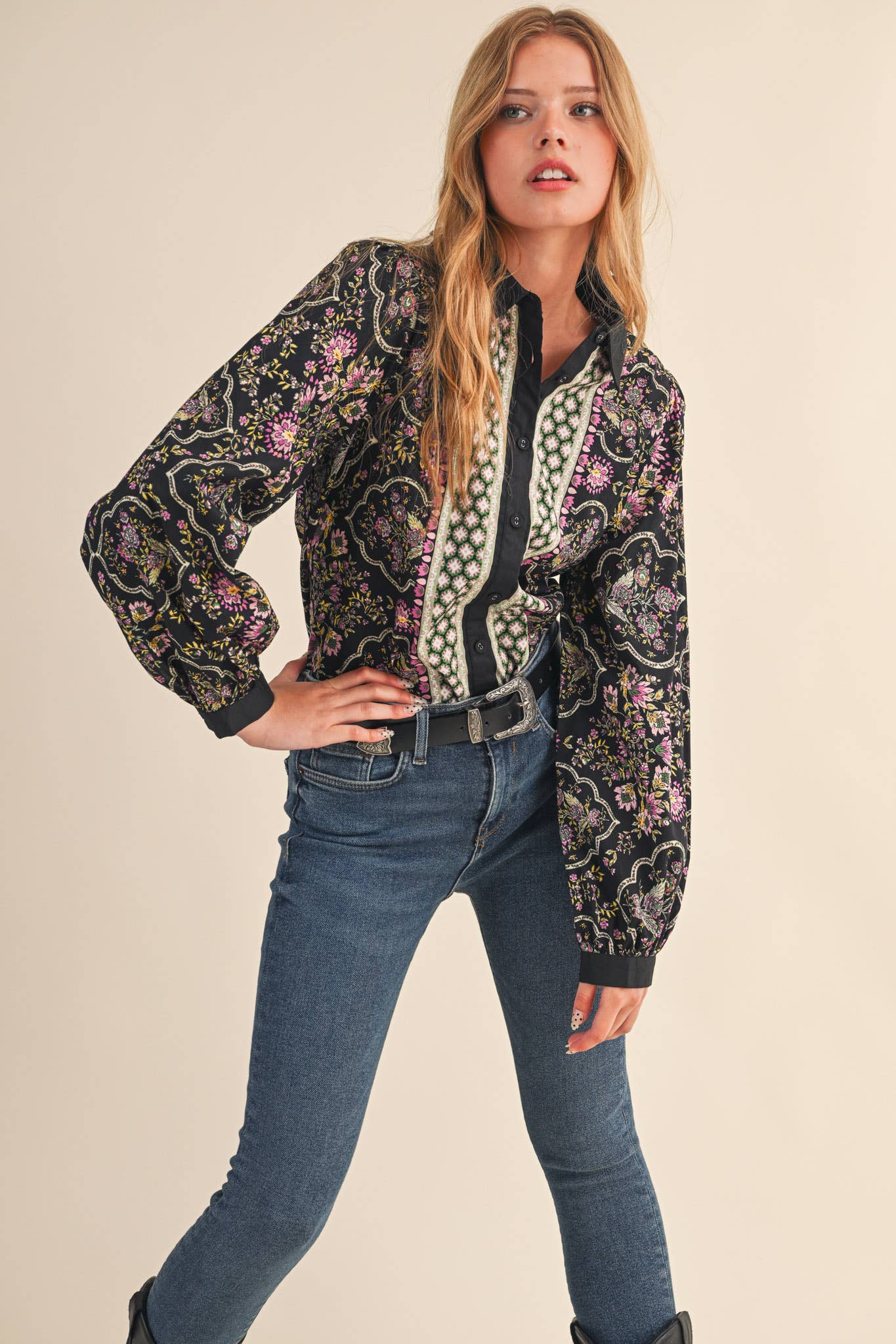 Floral Border Button Up Printed Top in Black Multi