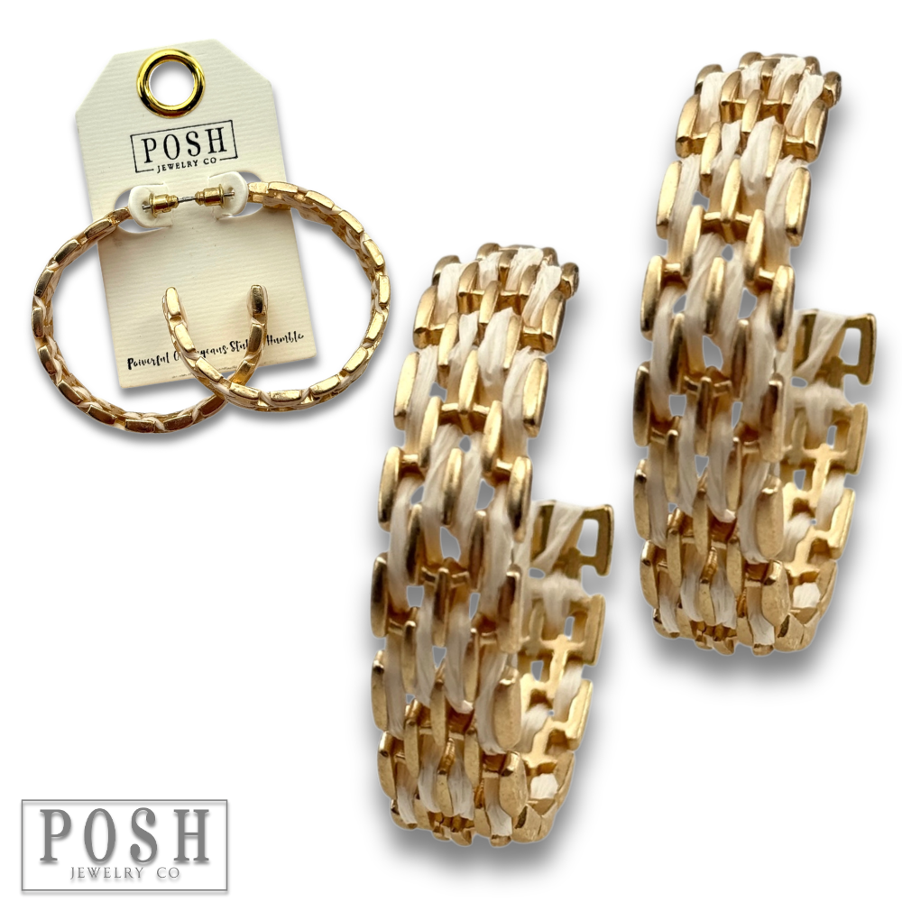 Gold and raffia hoop earring: White