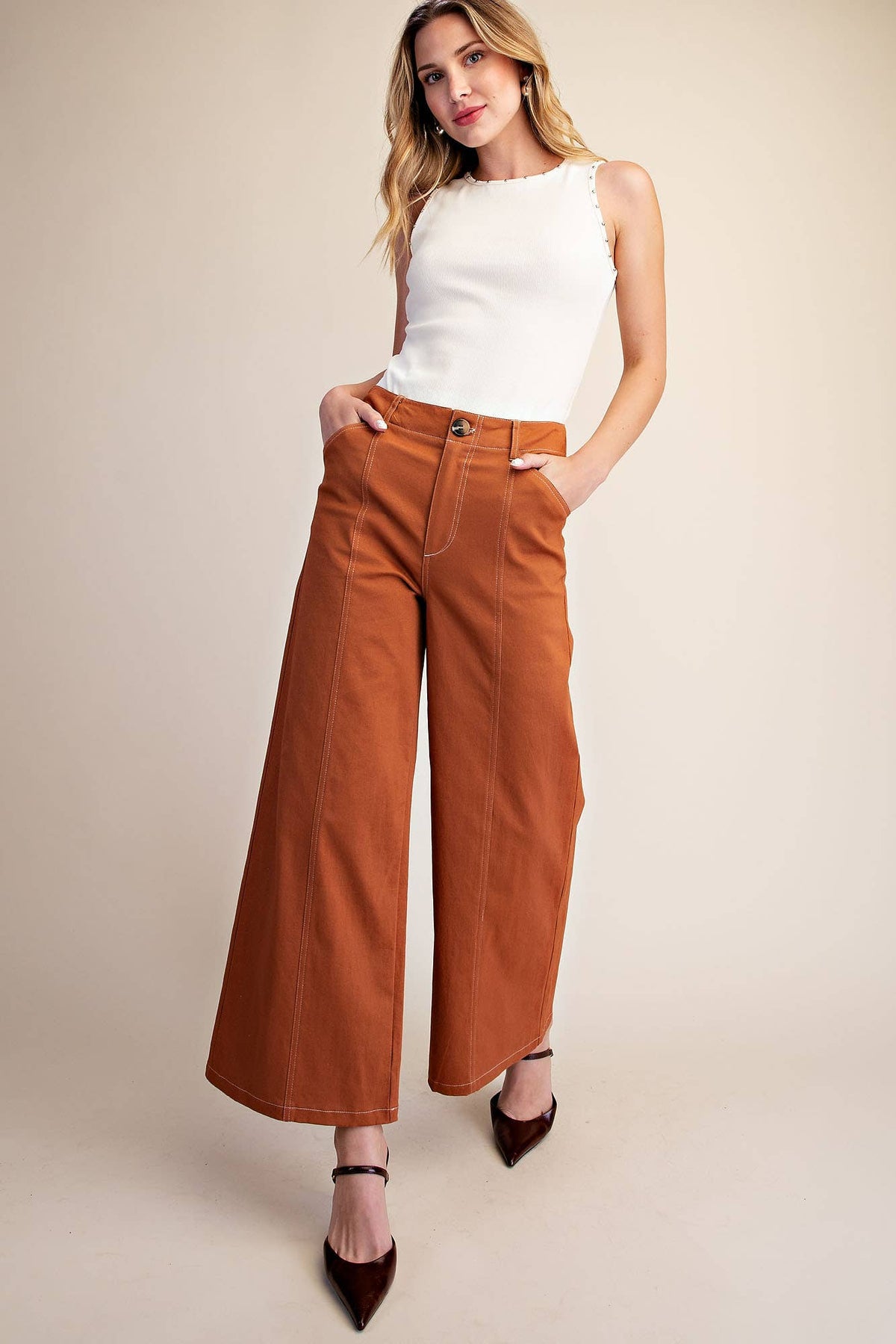 Zoey Wide Leg Stretch Bottoms in Camel