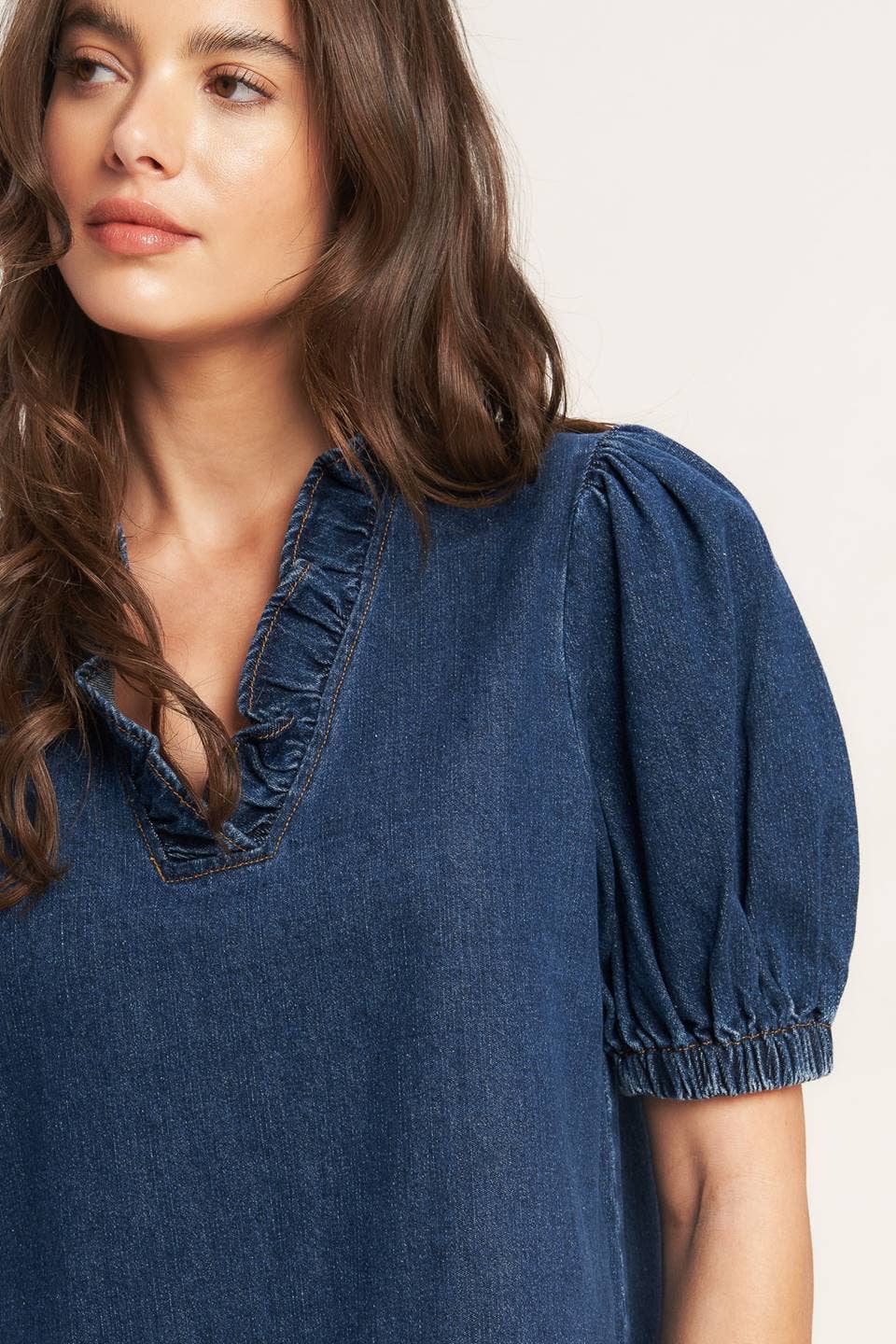 Dark Denim Ruffle Neck Dress
