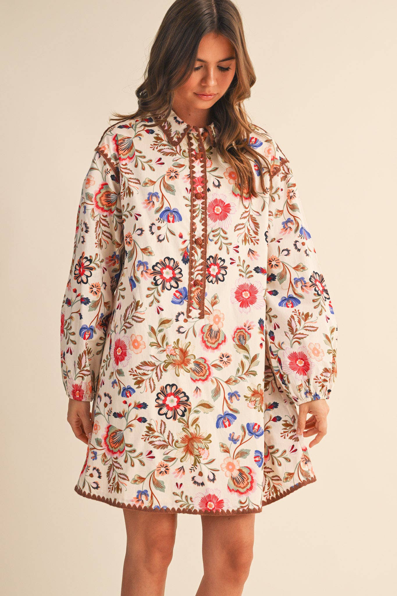 Blanket Stitch Floral Print Dress in Cream