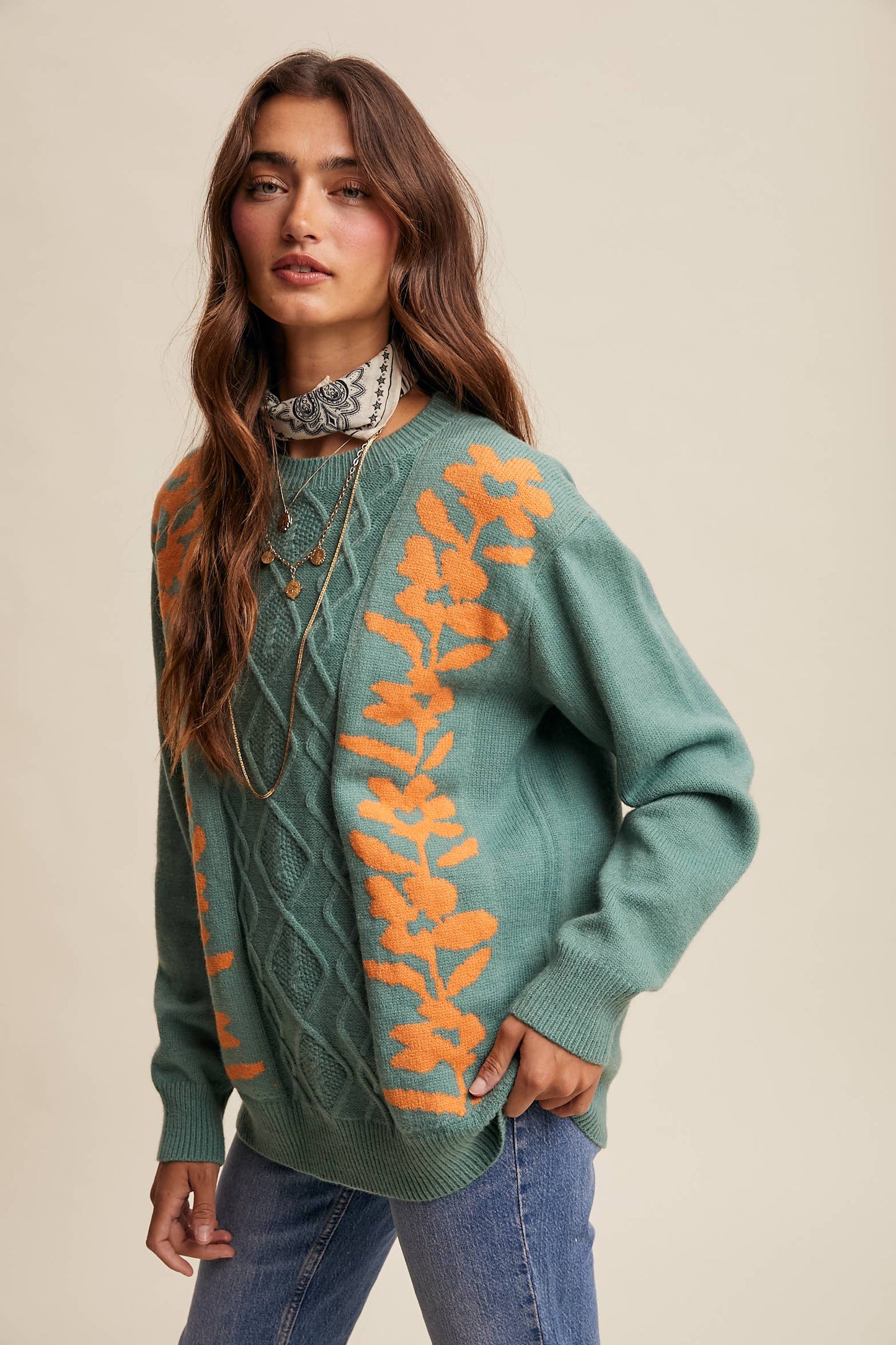 Floral Panel Cable Knit Sweater