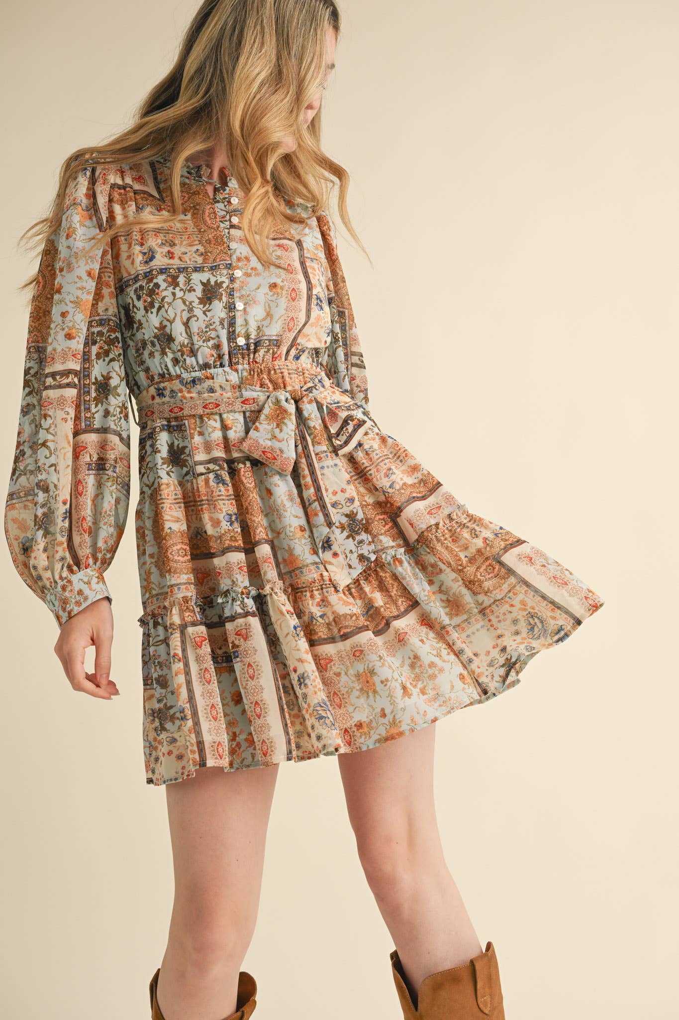 Dusty Blue Patch Print Dress