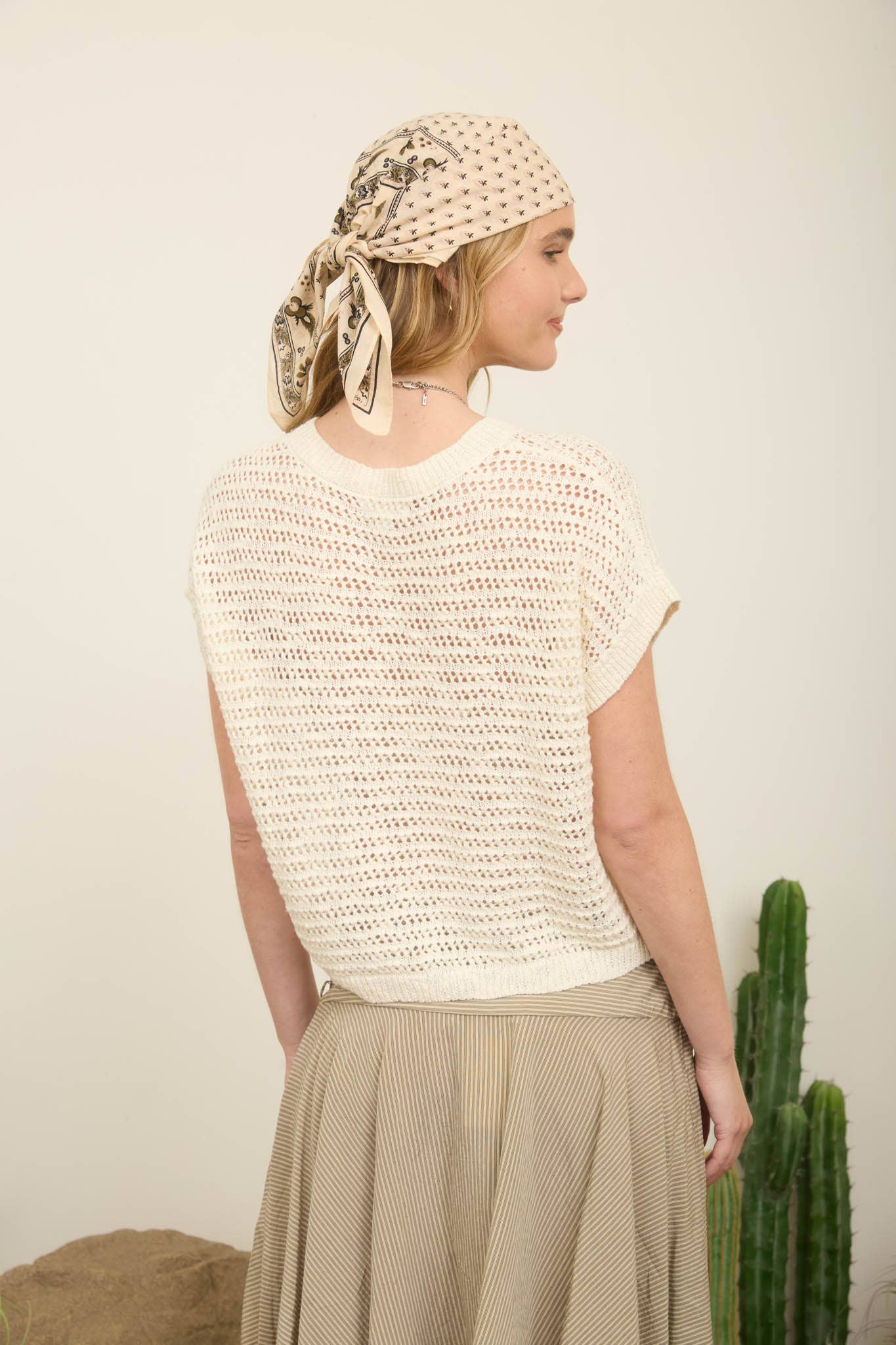 Open Knit Lace Up Neck Line Top in Cream