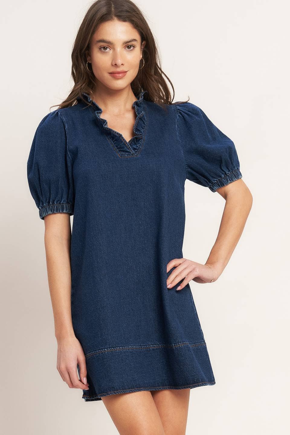 Dark Denim Ruffle Neck Dress