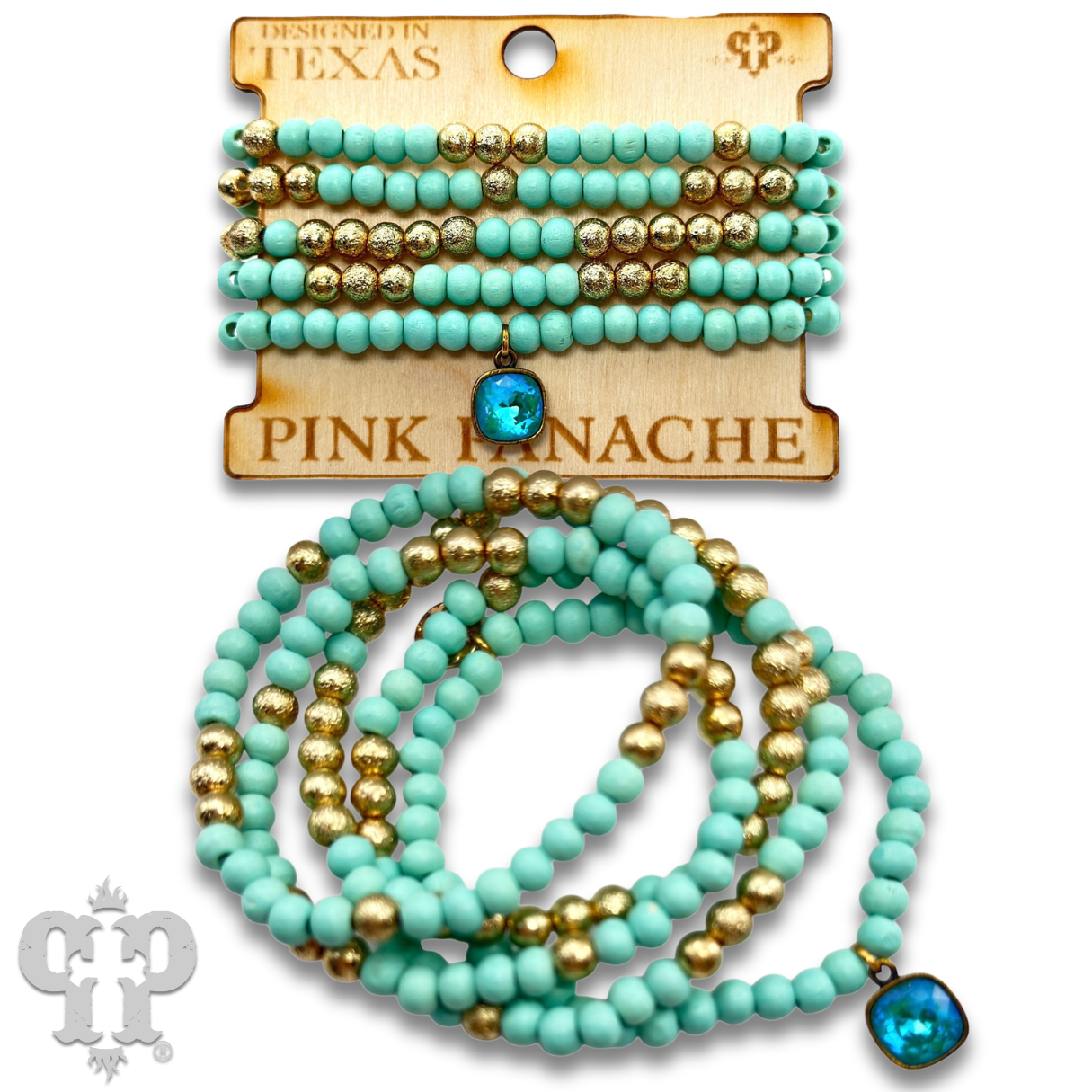 Round wood bead bracelet set, Austrian crystal: Teal