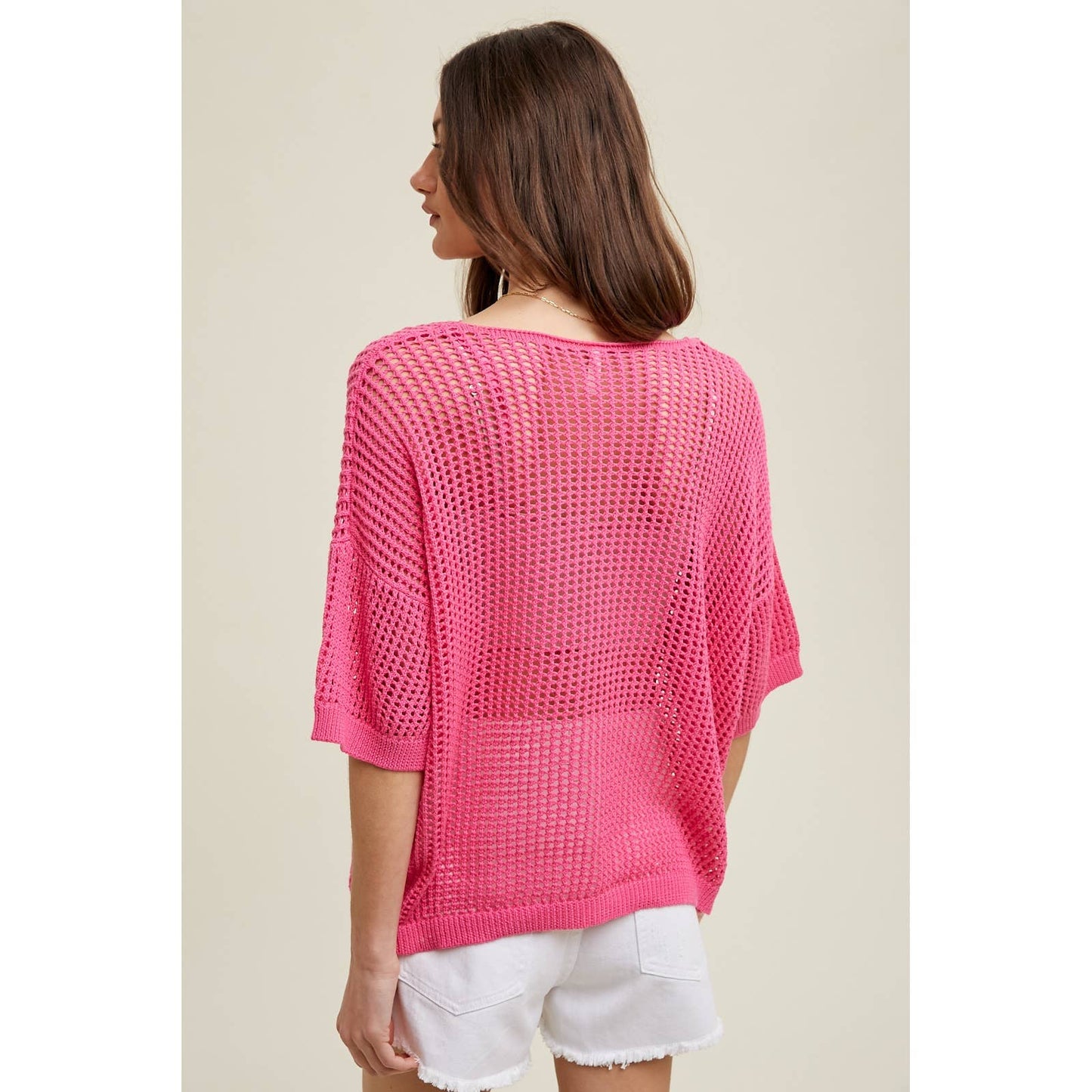 Open-Knit Drop Shoulder Sweater In Hot Pink