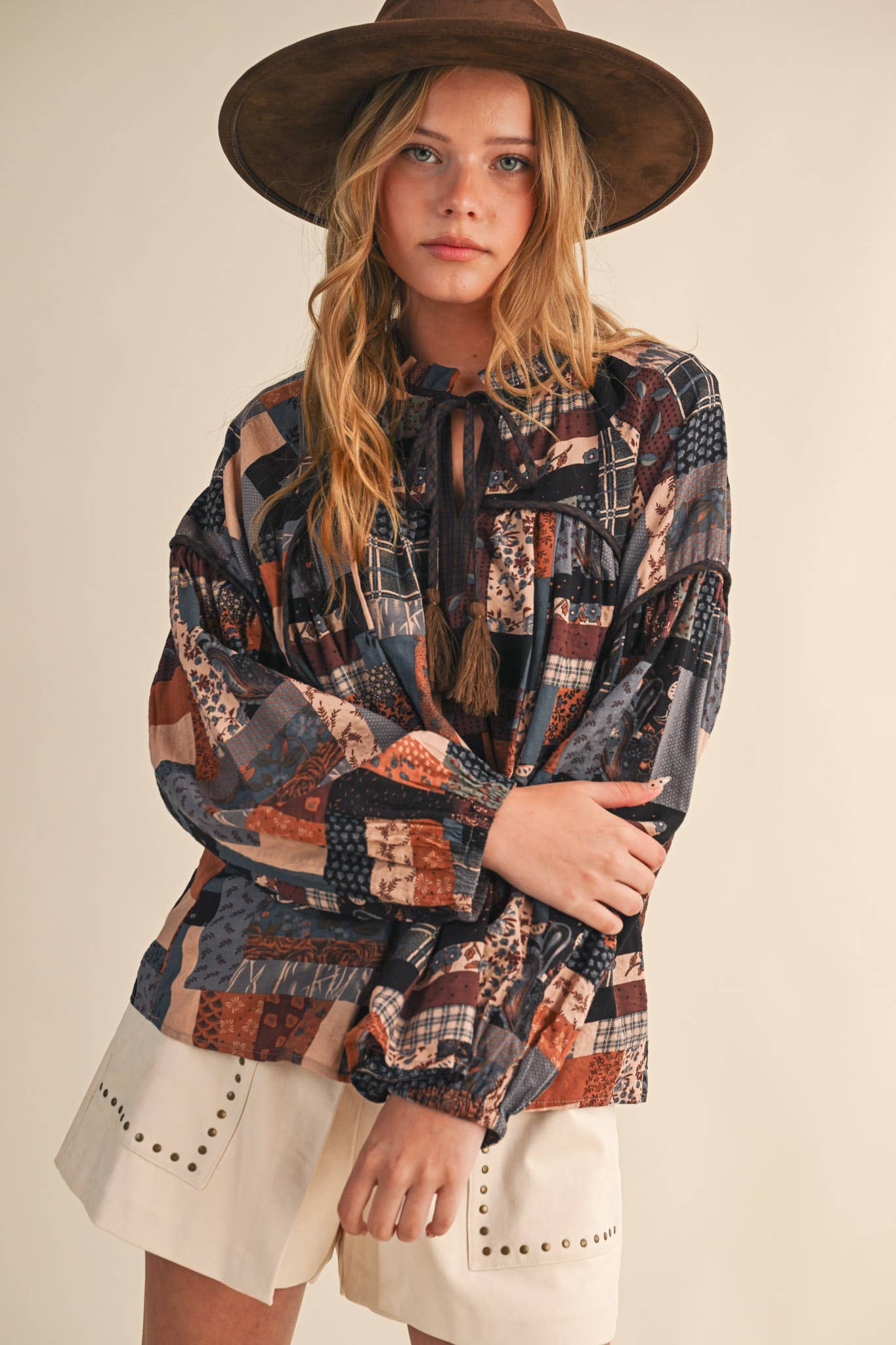 Patchwork Print Babydoll Top