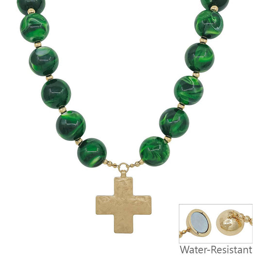 Chunky Green Beaded Necklace with Cross Pendant