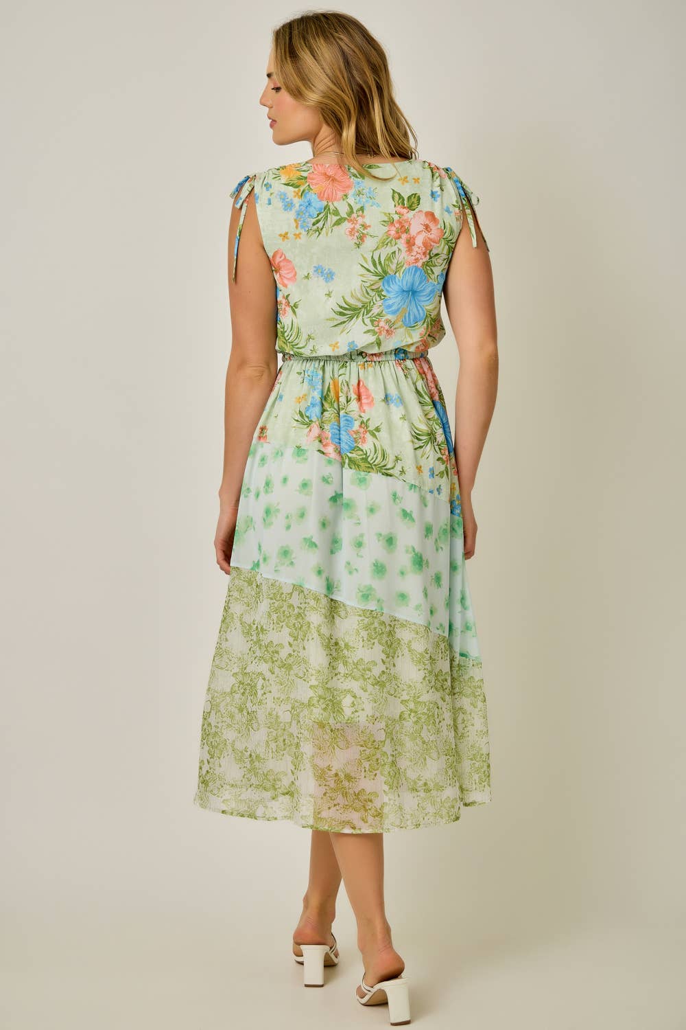Shoulder Tie Mixed Print Dress in Green