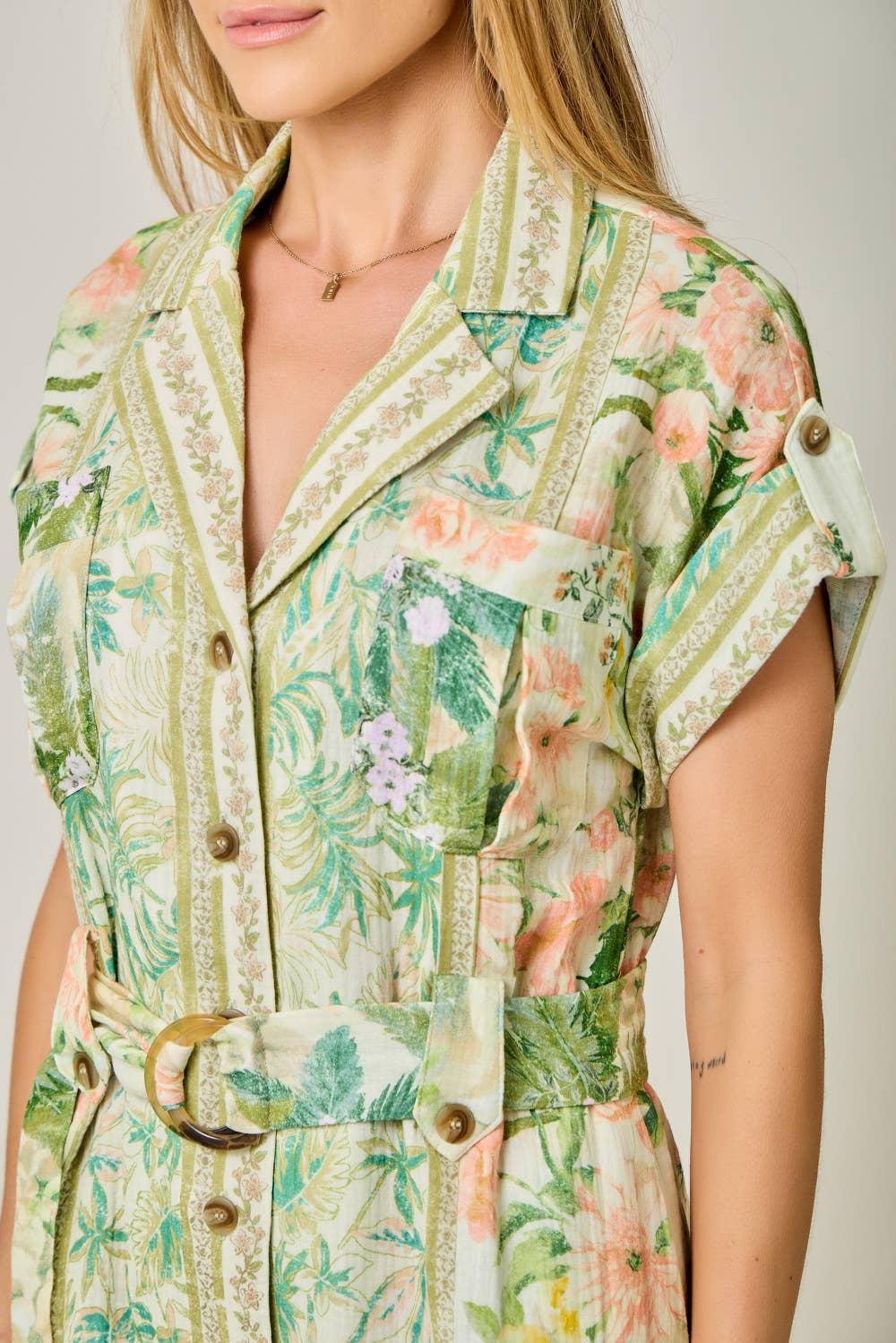 Tropical Floral Print Shirt Dress in Light Green