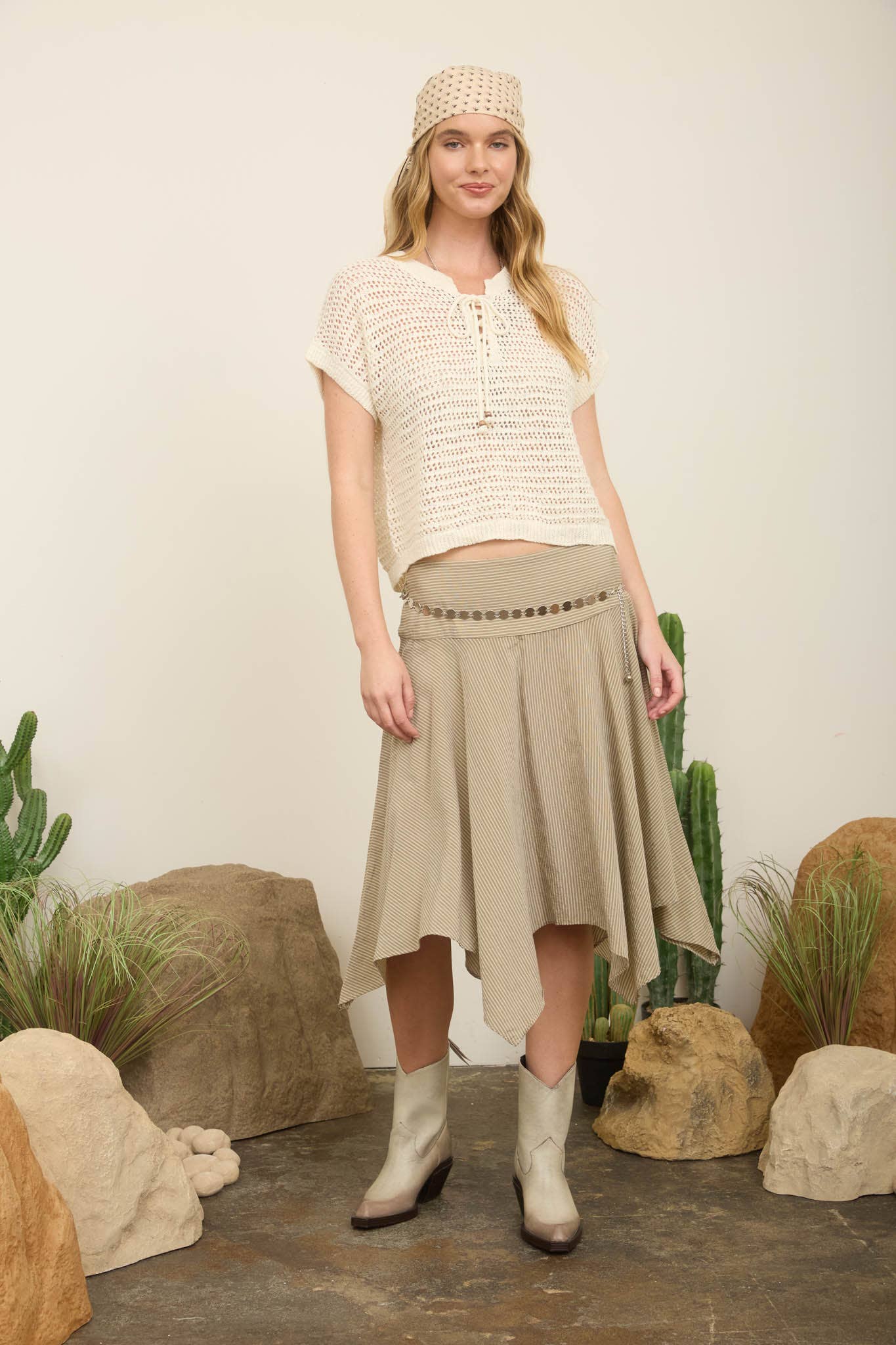 Open Knit Lace Up Neck Line Top in Cream
