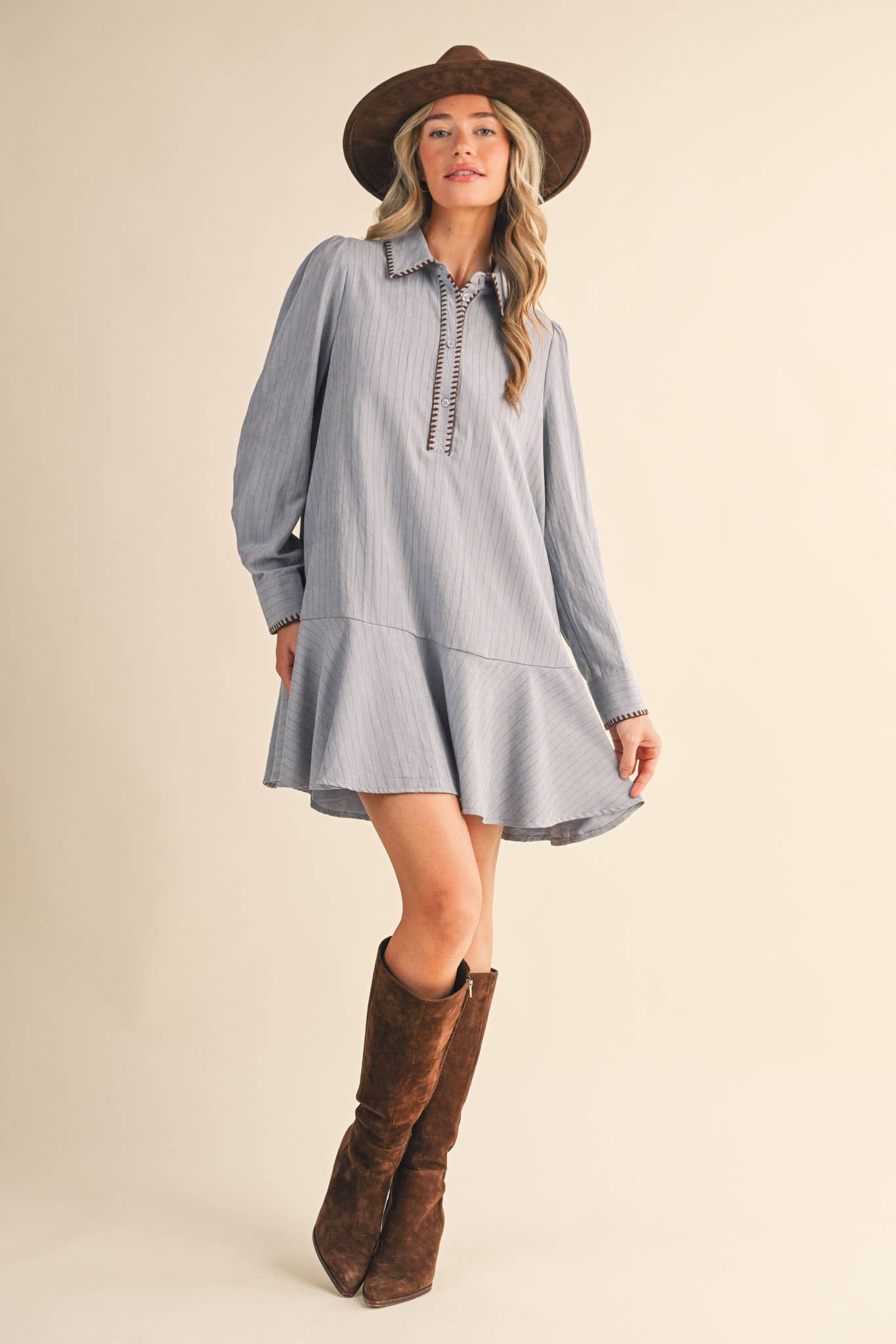 Dusty Blue Pin Stiped Dress