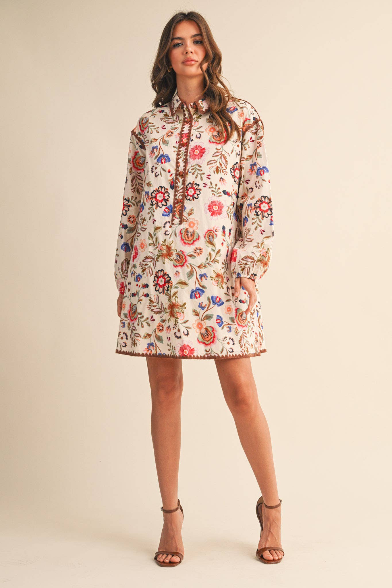 Blanket Stitch Floral Print Dress in Cream