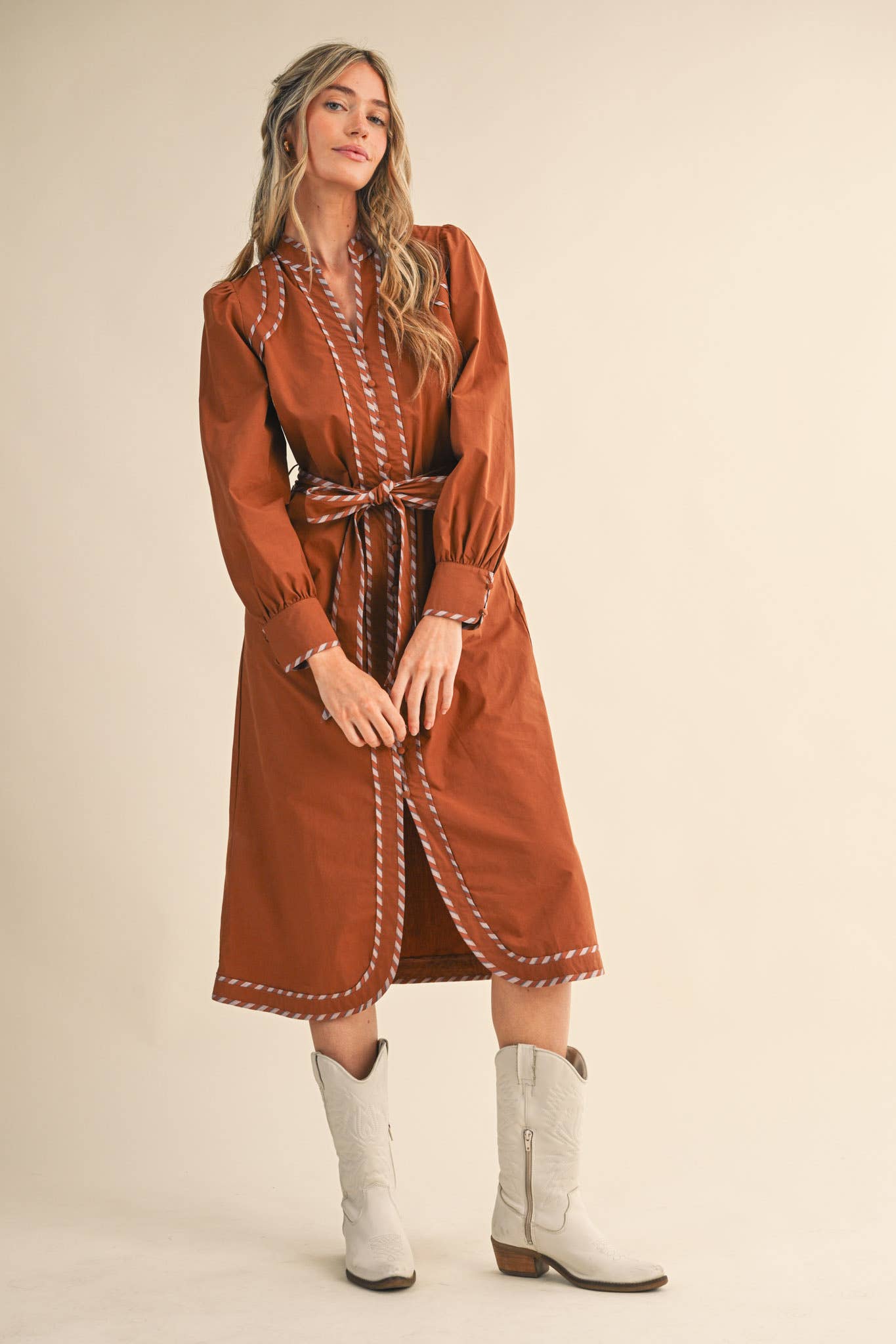 STRIPED CONTRAST BINDING DETAIL MIDI DRESS