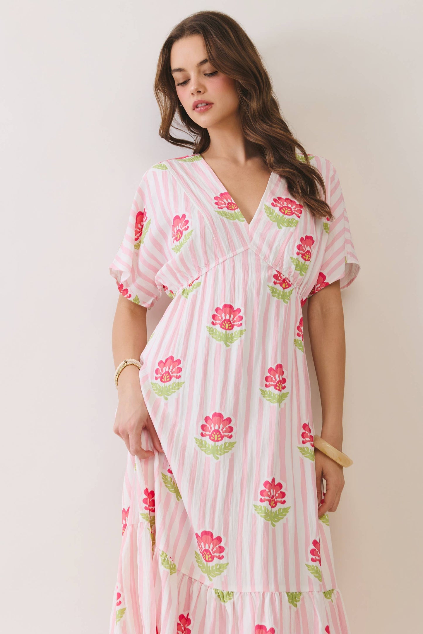 Floral Stripe Print V Neck Midi Dress in Pink