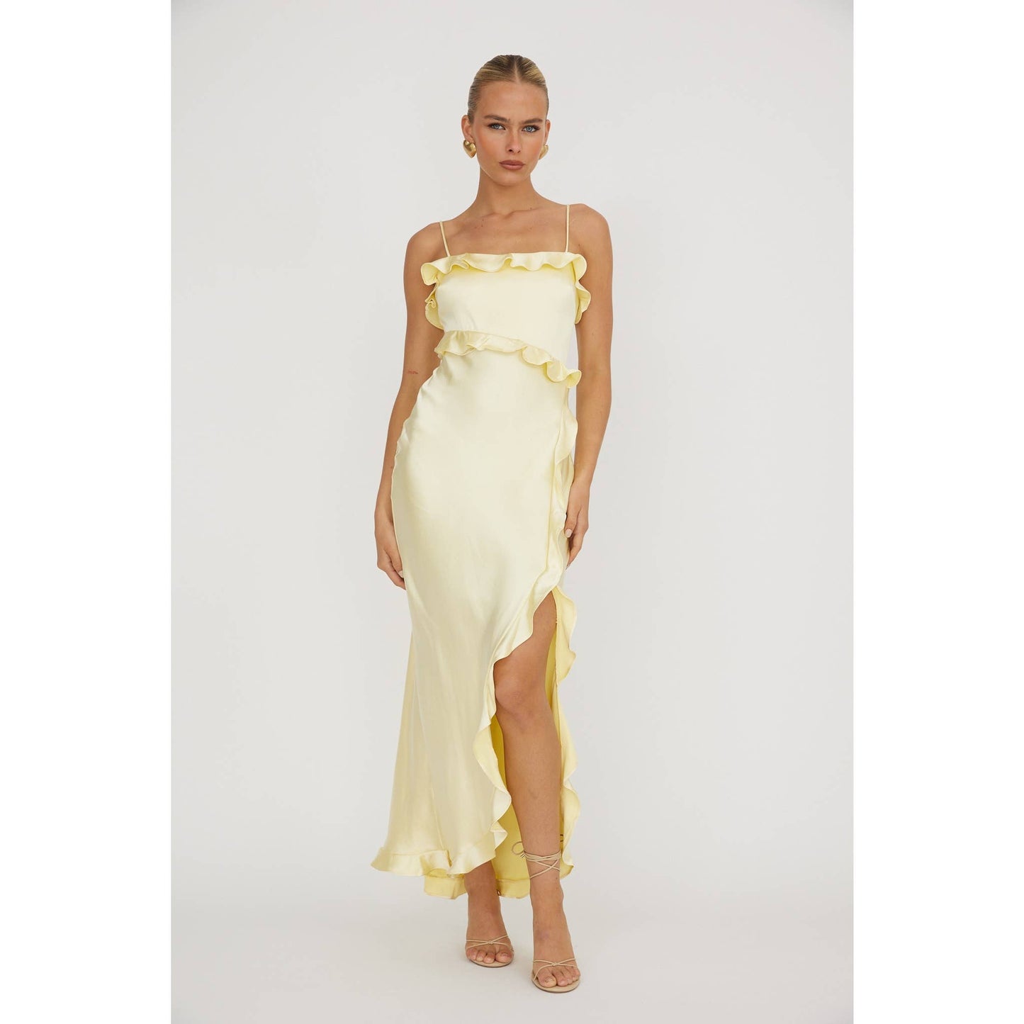 Satin Ruffle Trim Dress in Lemon