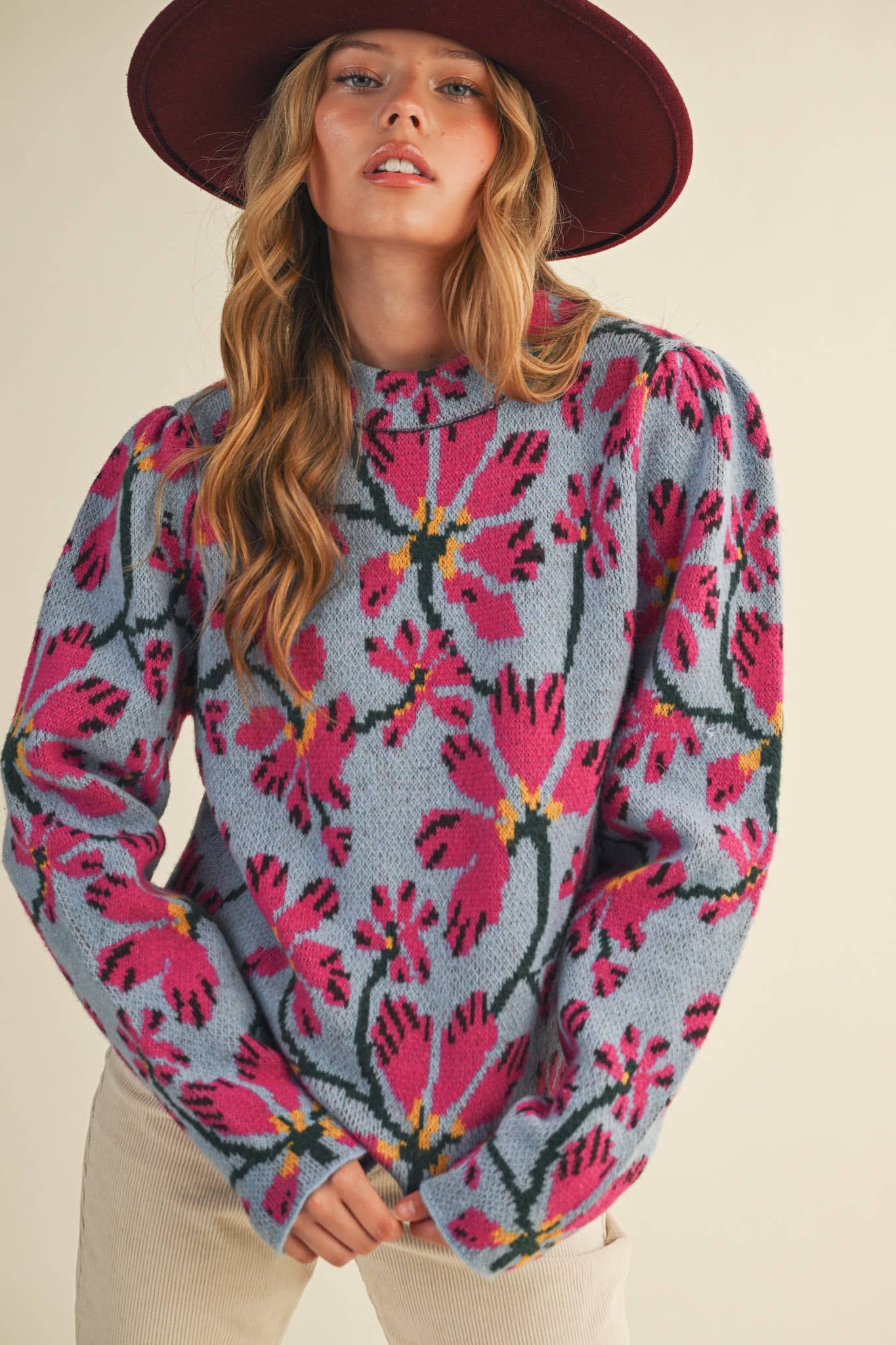Floral Mock Neck Sweater in Blue/Fusia