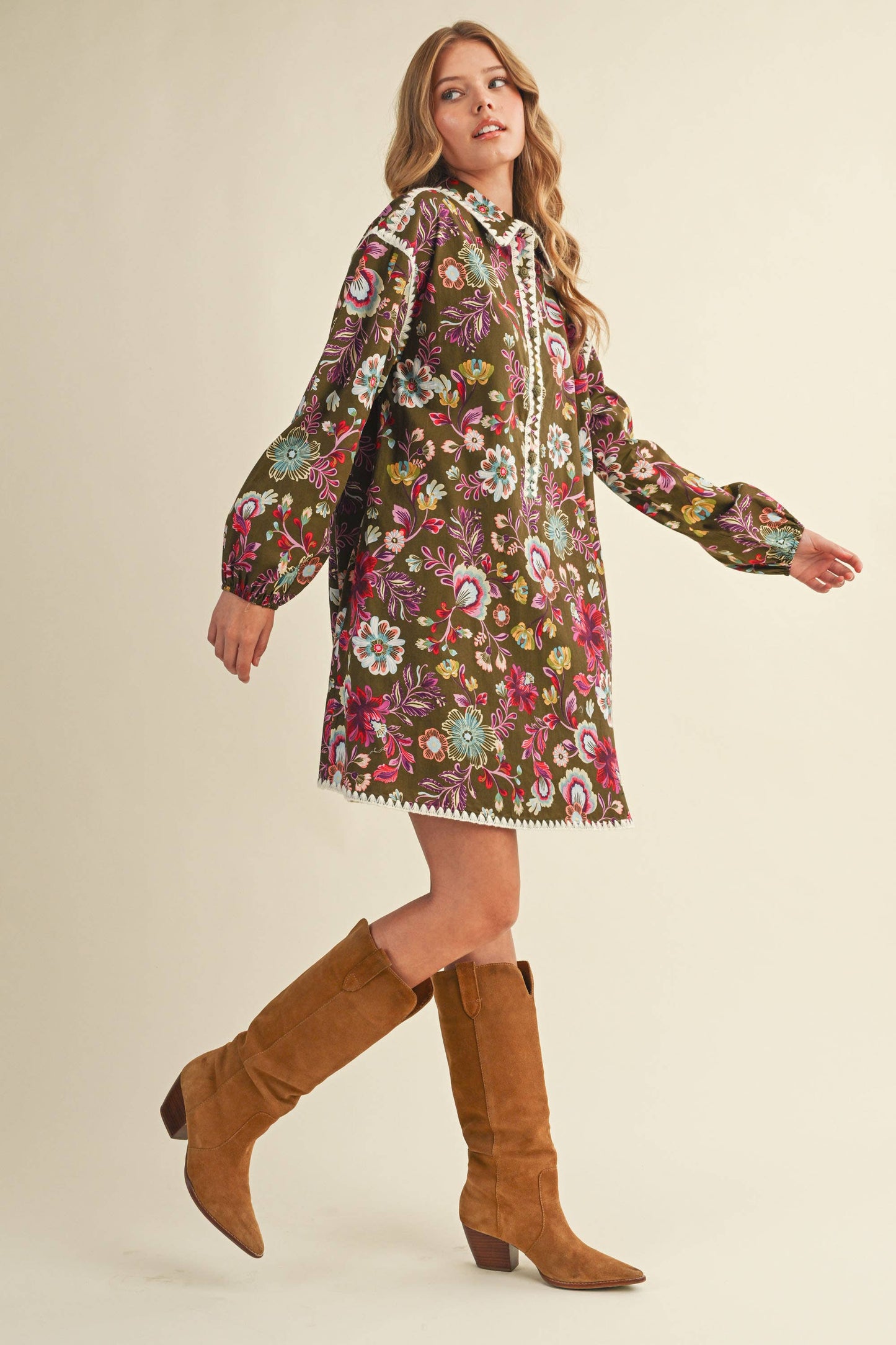 Blanket Stitch Floral Print Dress in Olive Multi