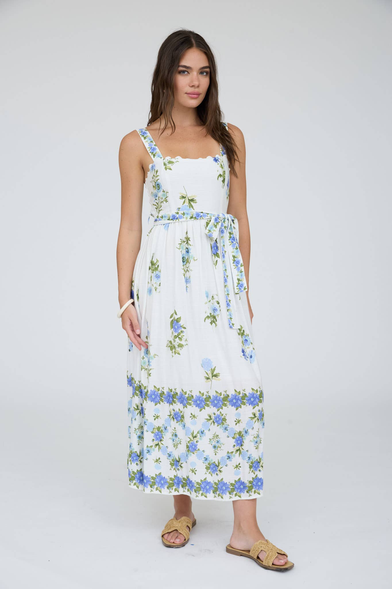 Floral Border Belted Midi Sundress in Blue Multi