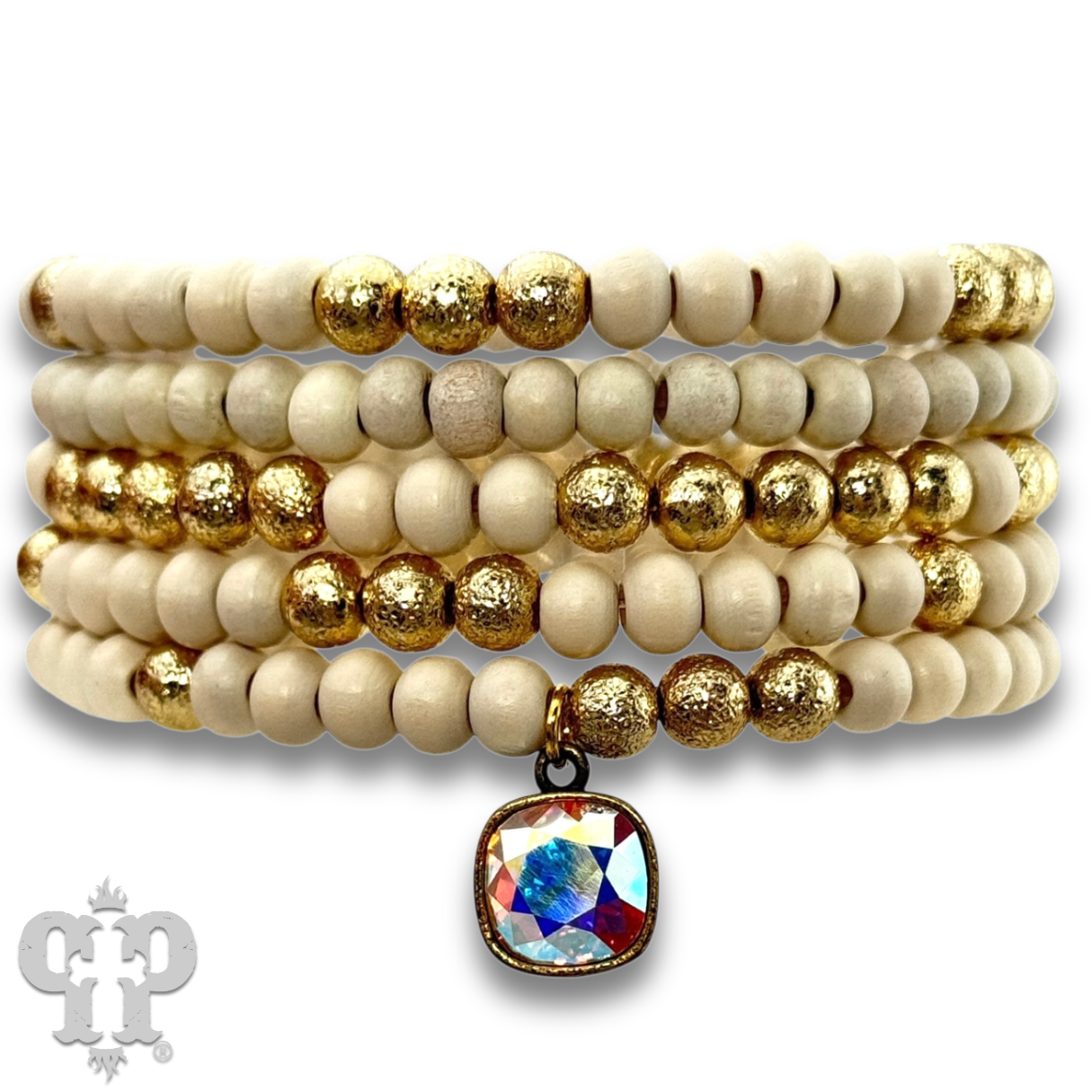 Round wood bead bracelet set, Austrian crystal: White