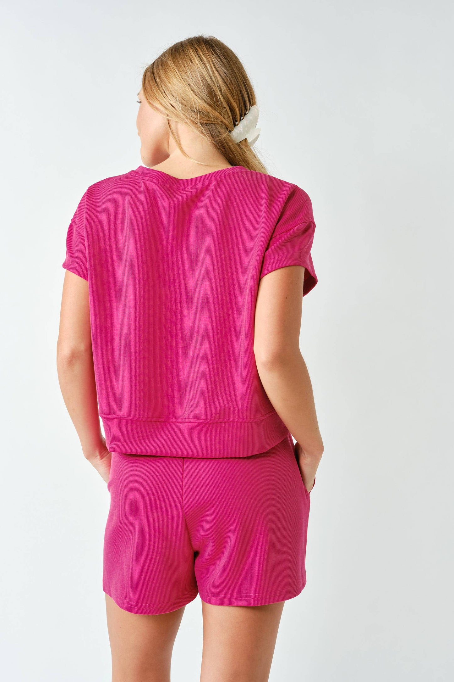 Luxe Sand Wash Rib Classic Tee Set in Berry